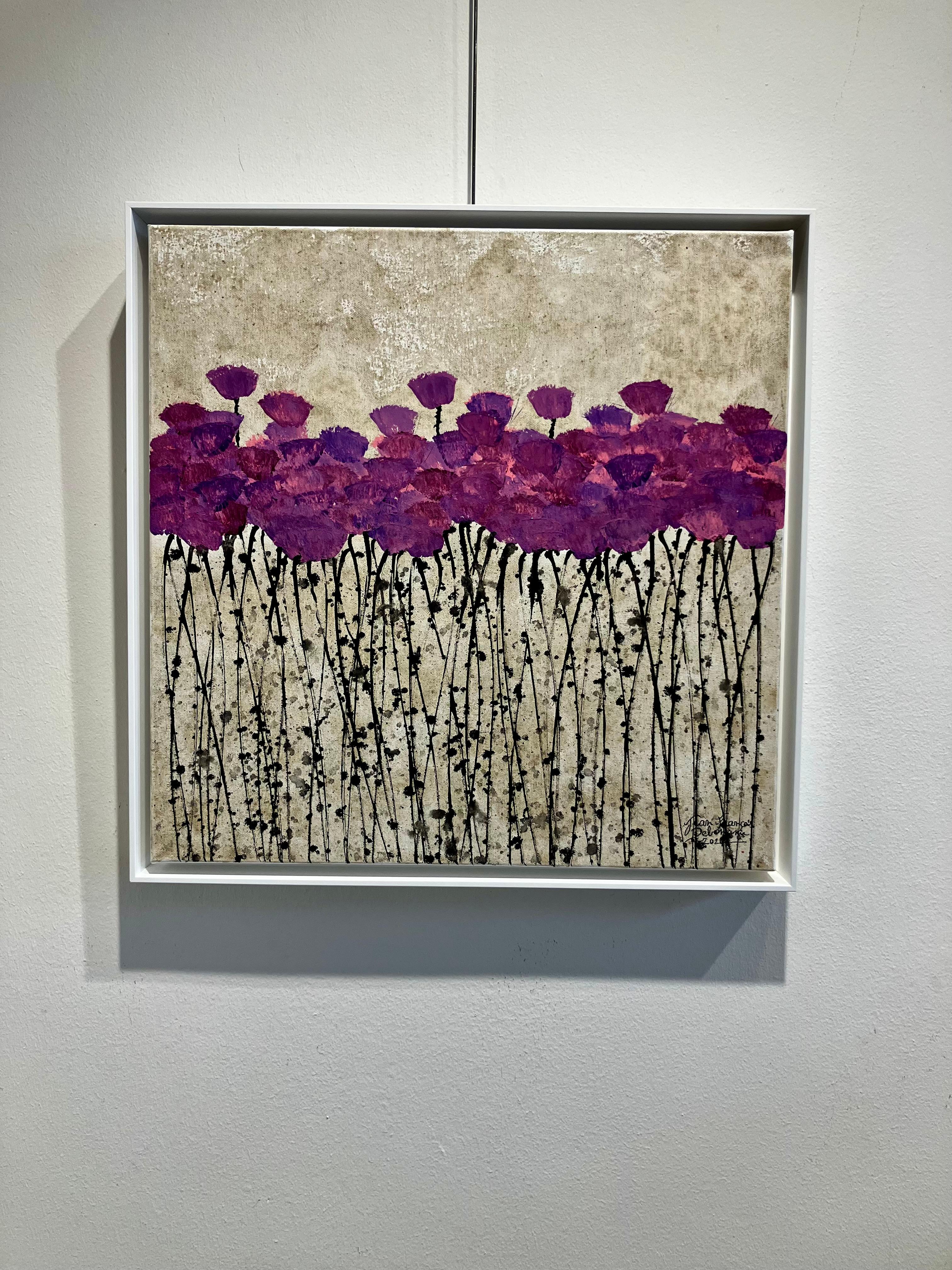 ''Untitled 22'' Peinture contemporaine en techniques mixtes avec fleurs violettes sur beige en vente 3