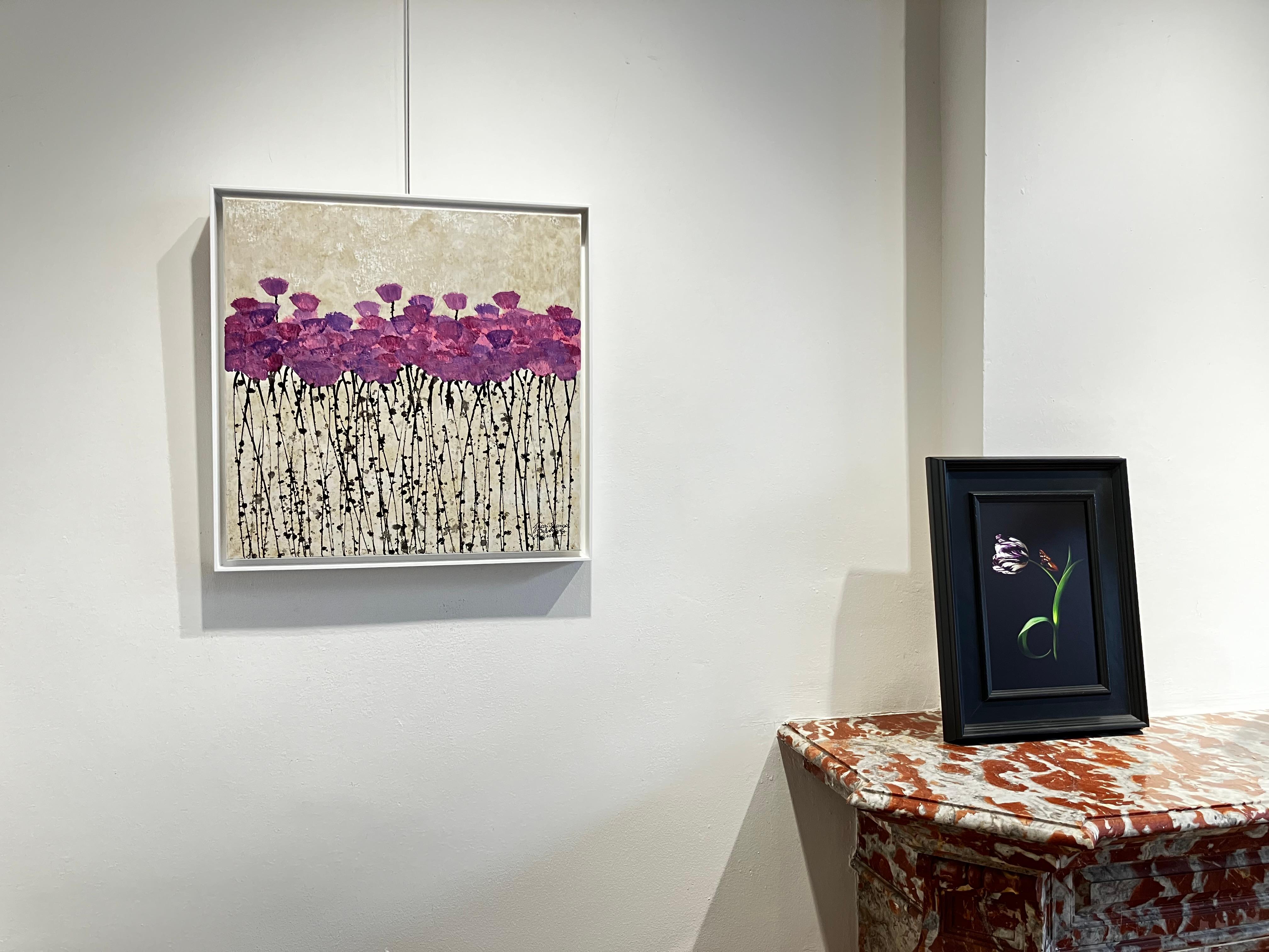 ''Untitled 22'' Peinture contemporaine en techniques mixtes avec fleurs violettes sur beige en vente 4
