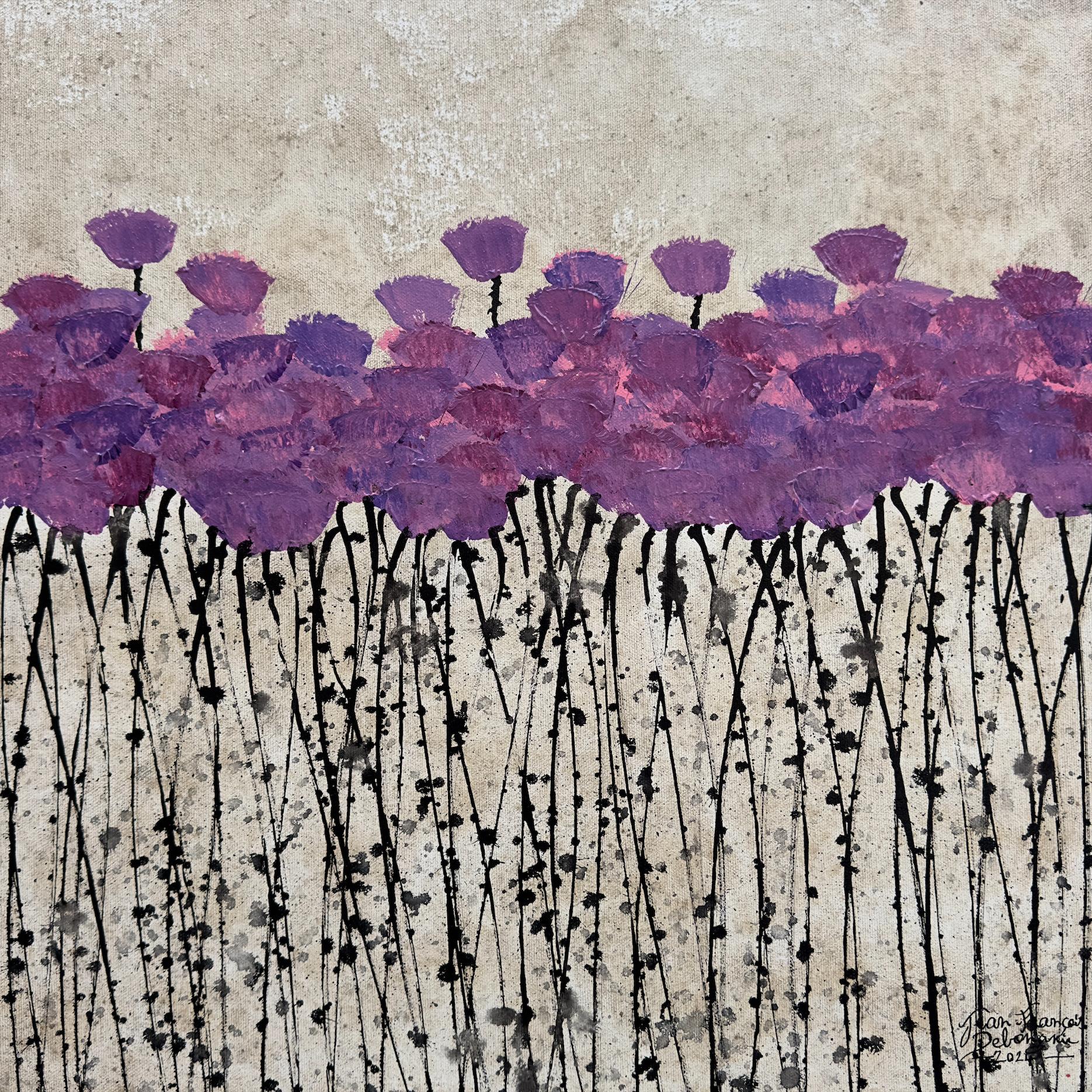 Figurative Painting Jean-François Debongnie - ''Untitled 22'' Peinture contemporaine en techniques mixtes avec fleurs violettes sur beige
