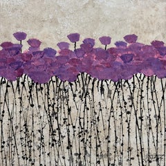 ''Untitled 22'' Peinture contemporaine en techniques mixtes avec fleurs violettes sur beige