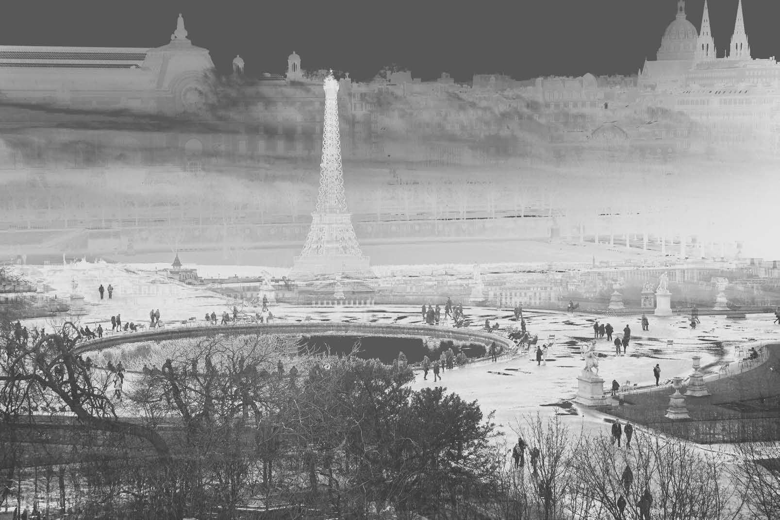 Eine Überlagerung einiger der lebhaftesten Teile von Paris - die Tuilerien, der Eiffelturm und Montemartre - in einem geisterhaften Negativ.

 