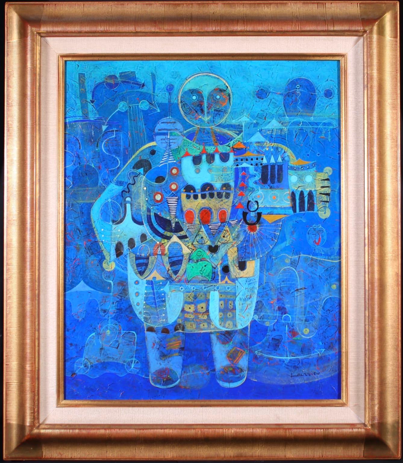 A really wonderful and unique oil on canvas by French Modernist painter Jean-Francois Larrieu. The figure of a man is based on a blue background and constructed from buildings. 

Signature:
Signed lower right

Dimensions:
Framed: 32