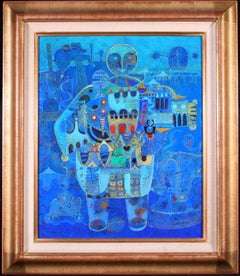 Homme - Modernist Oil, Blue Portrait of a Man by Jean-Francois Larrieu