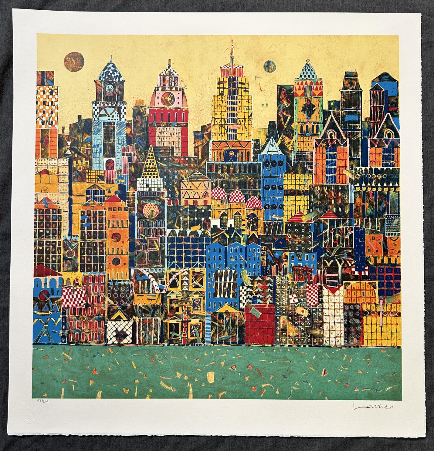 Paisaje urbano metamórfico 1998 Litografía firmada de edición limitada Mourlot Paris - Print Abstracto de Jean-Francois Larrieu