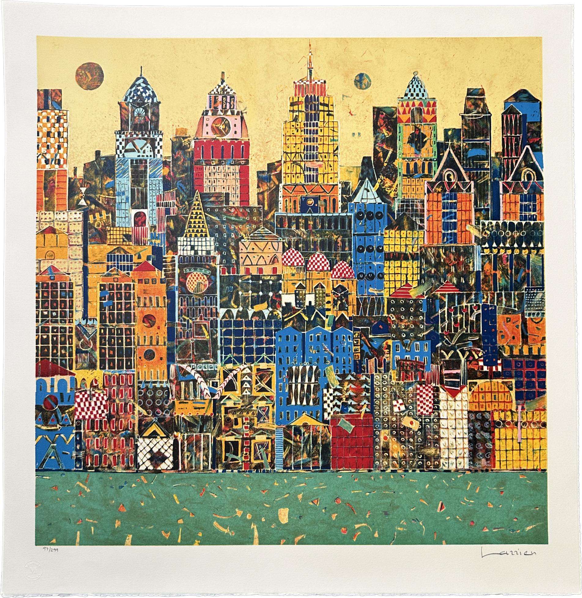 Landscape Print de Jean-Francois Larrieu - Paisaje urbano metamórfico 1998 Litografía firmada de edición limitada Mourlot Paris