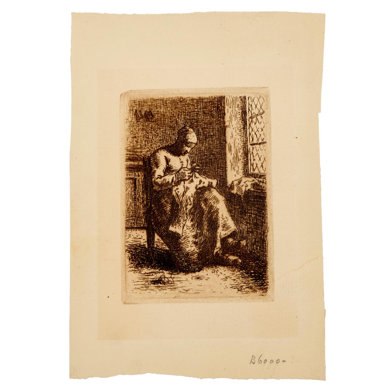 Jean François Millet (French, 1814–1875)
La Couseuse (The Seamstress), circa 1855
Etching in dark brown ink on laid paper

A quietly powerful etching by the renowned French Realist Jean François Millet, La Couseuse (The Seamstress) portrays a woman
