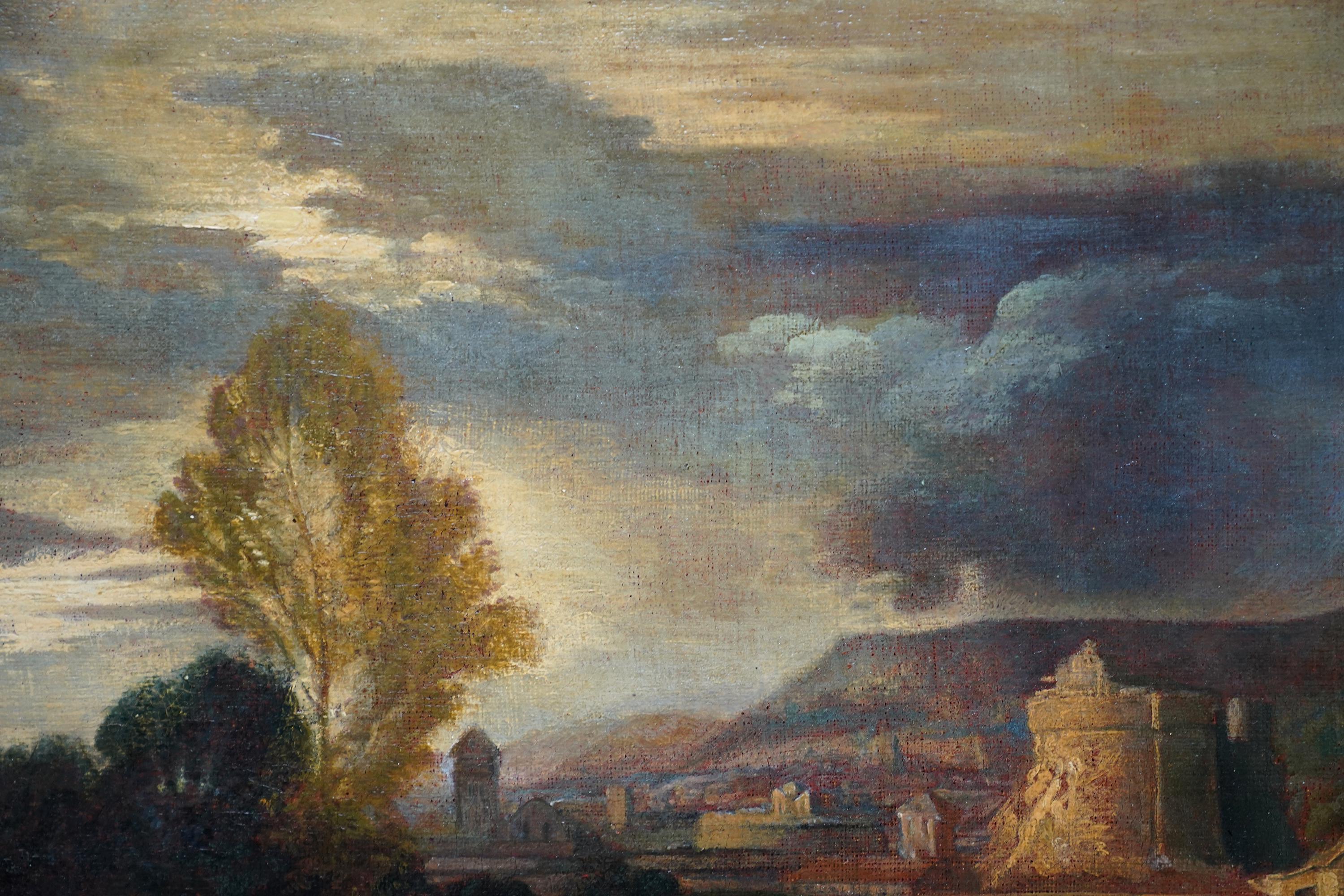 This superb 17th century French Old Master oil painting is attributed to Jean Francois Millet. Painted circa 1670 it is a classical landscape with figures by a bend in a river in the foreground. Beyond are various buildings with green hills behind