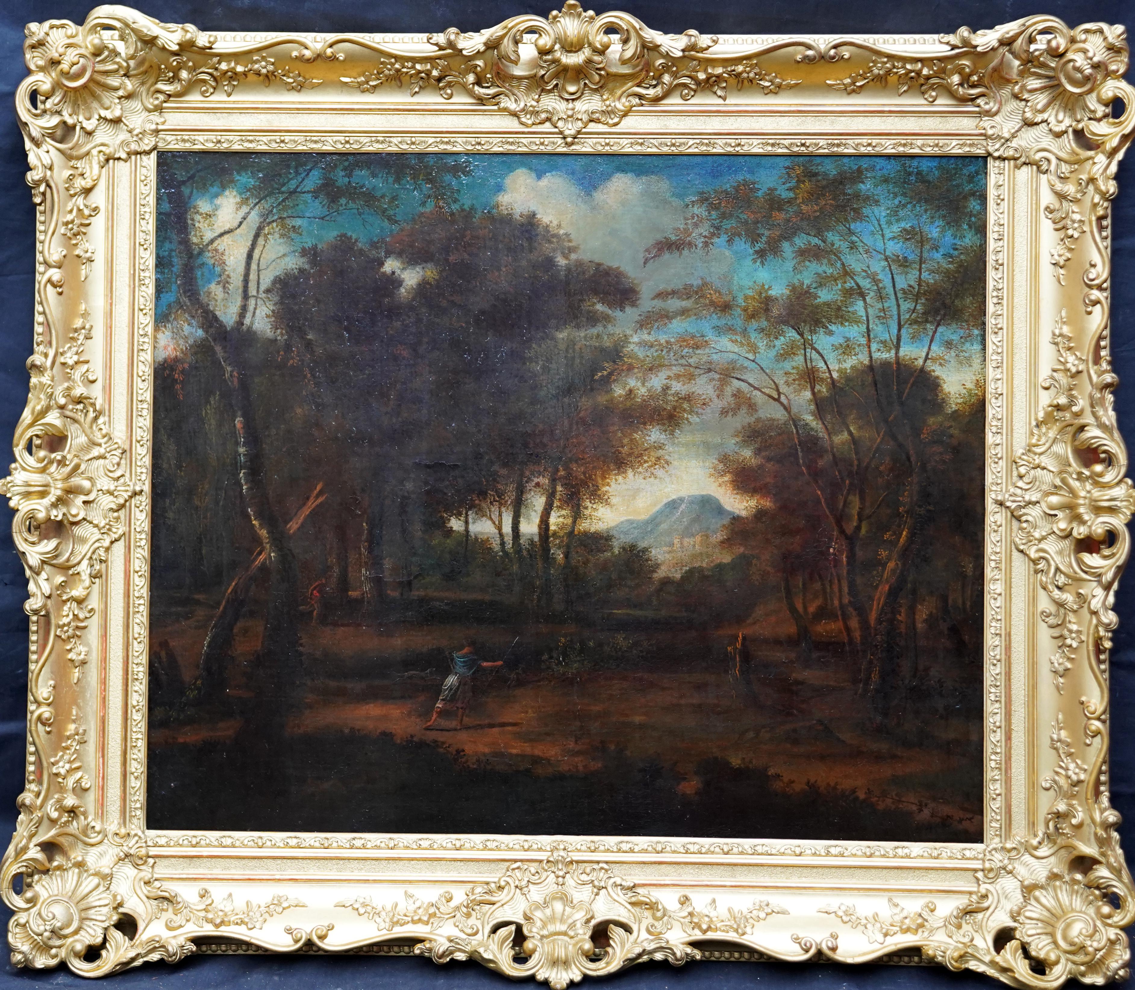 Wooded Landscape with Diana Hunting - 17thC Old Master French art oil painting For Sale 4