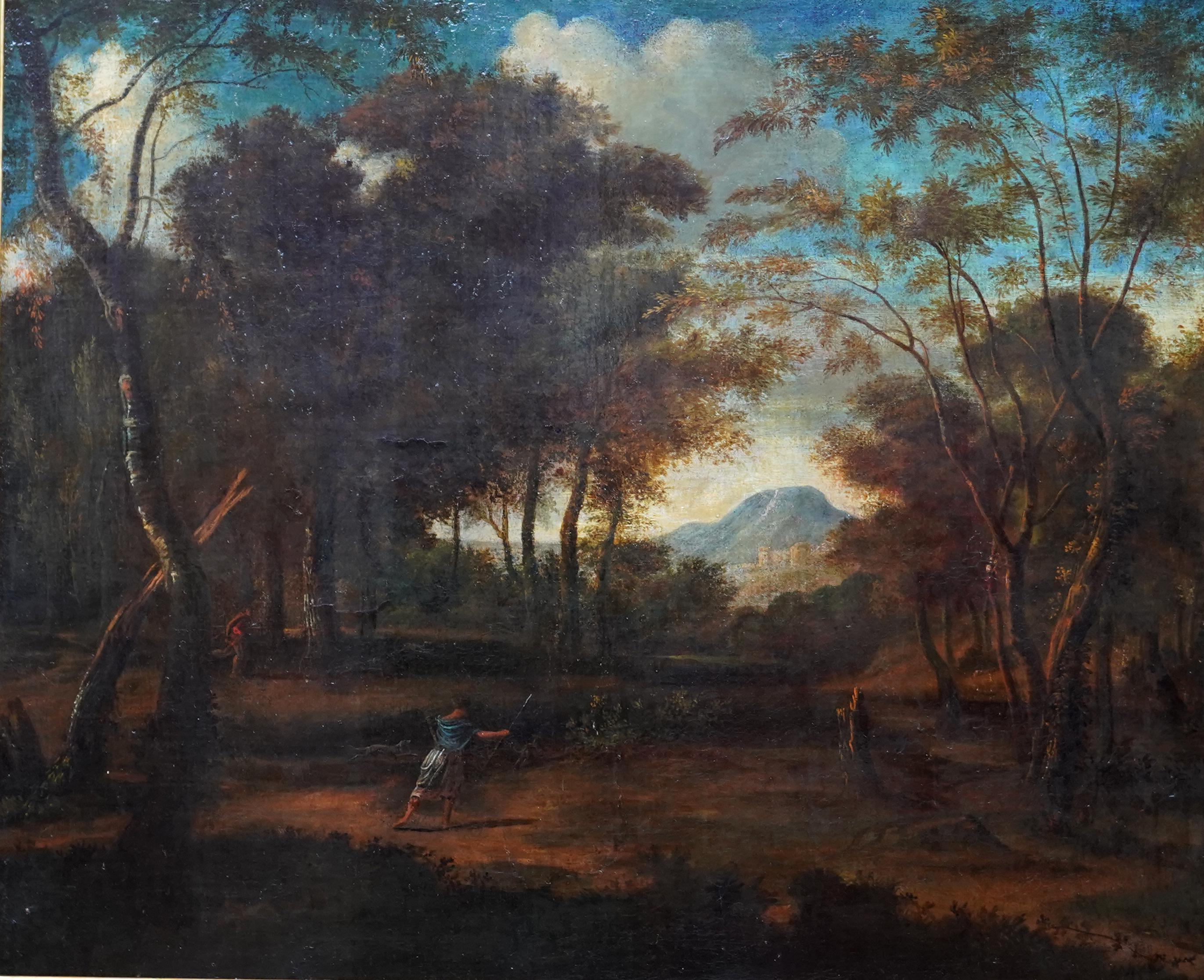 Wooded Landscape with Diana Hunting - 17thC Old Master French art oil painting - Painting by Jean François Millet