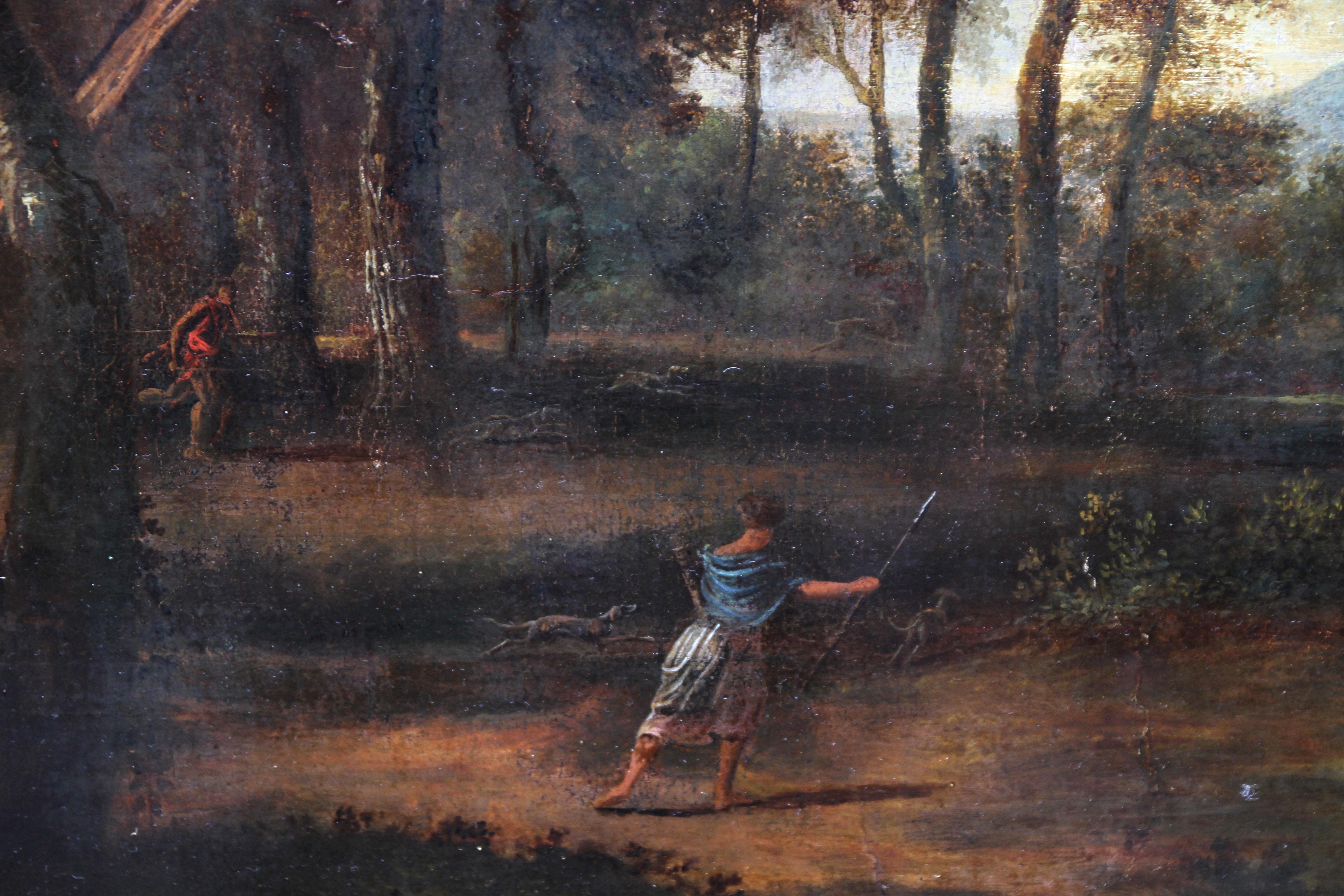 Wooded Landscape with Diana Hunting - 17thC Old Master French art oil painting - Old Masters Painting by Jean François Millet
