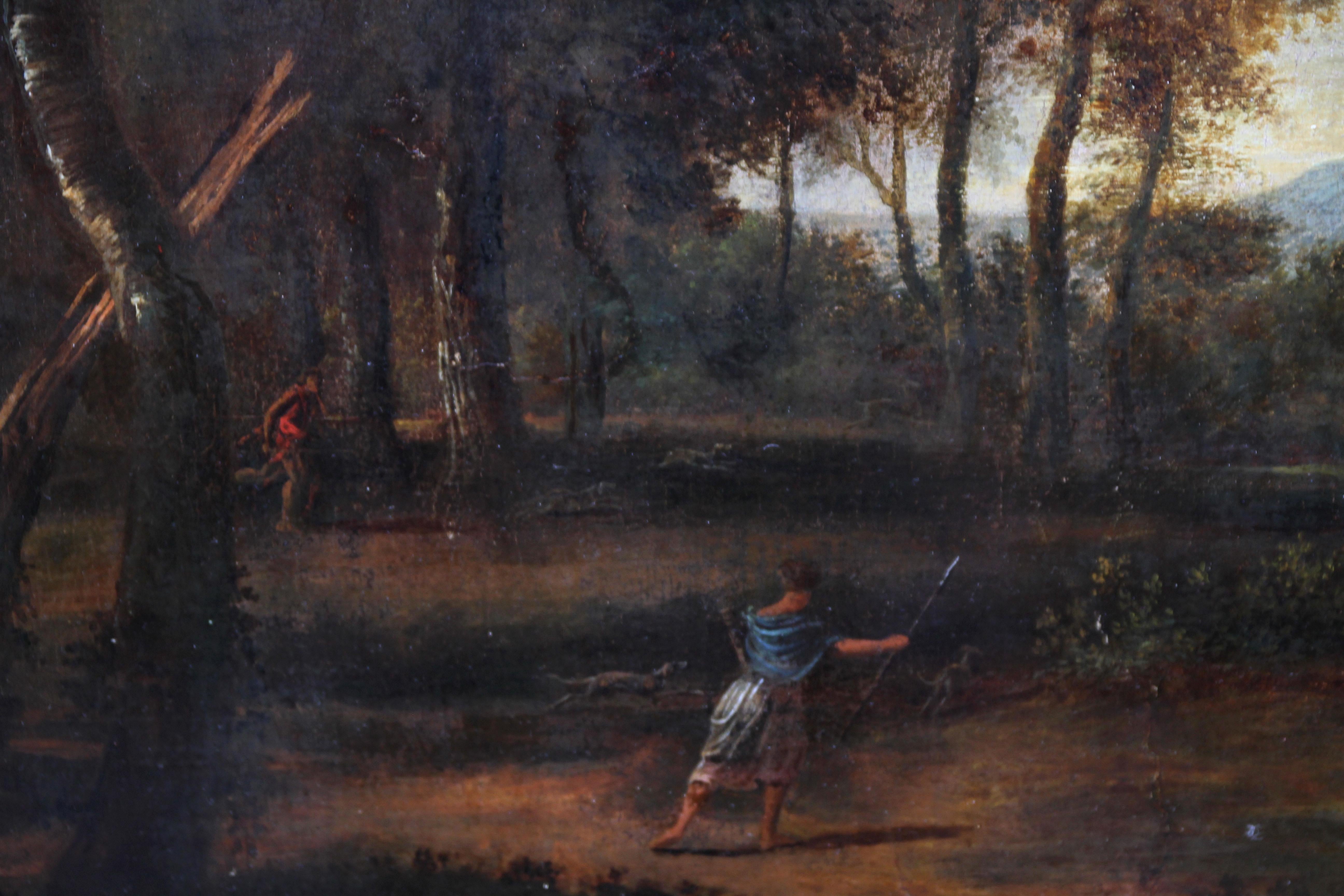 A original large French Old Master oil on canvas which is by Millet (1642-1679) and was painted circa 1675. This large canvas is in good clean condition and depicts a wooded landscape with Diana hunting. Housed in a gilded carved 18th century frame