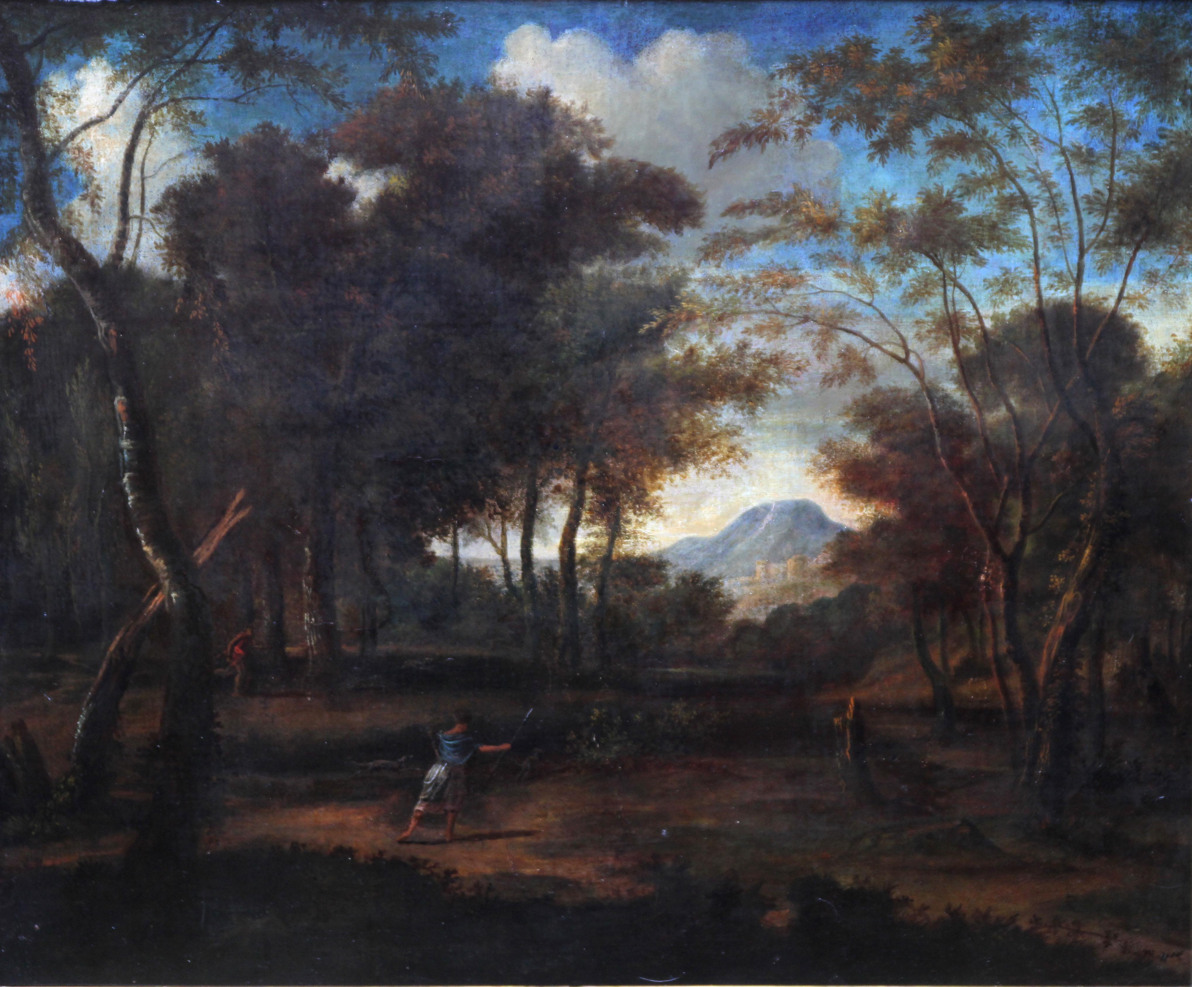 Wooded Landscape with Diana Hunting - 17thC Old Master French art oil painting For Sale 1