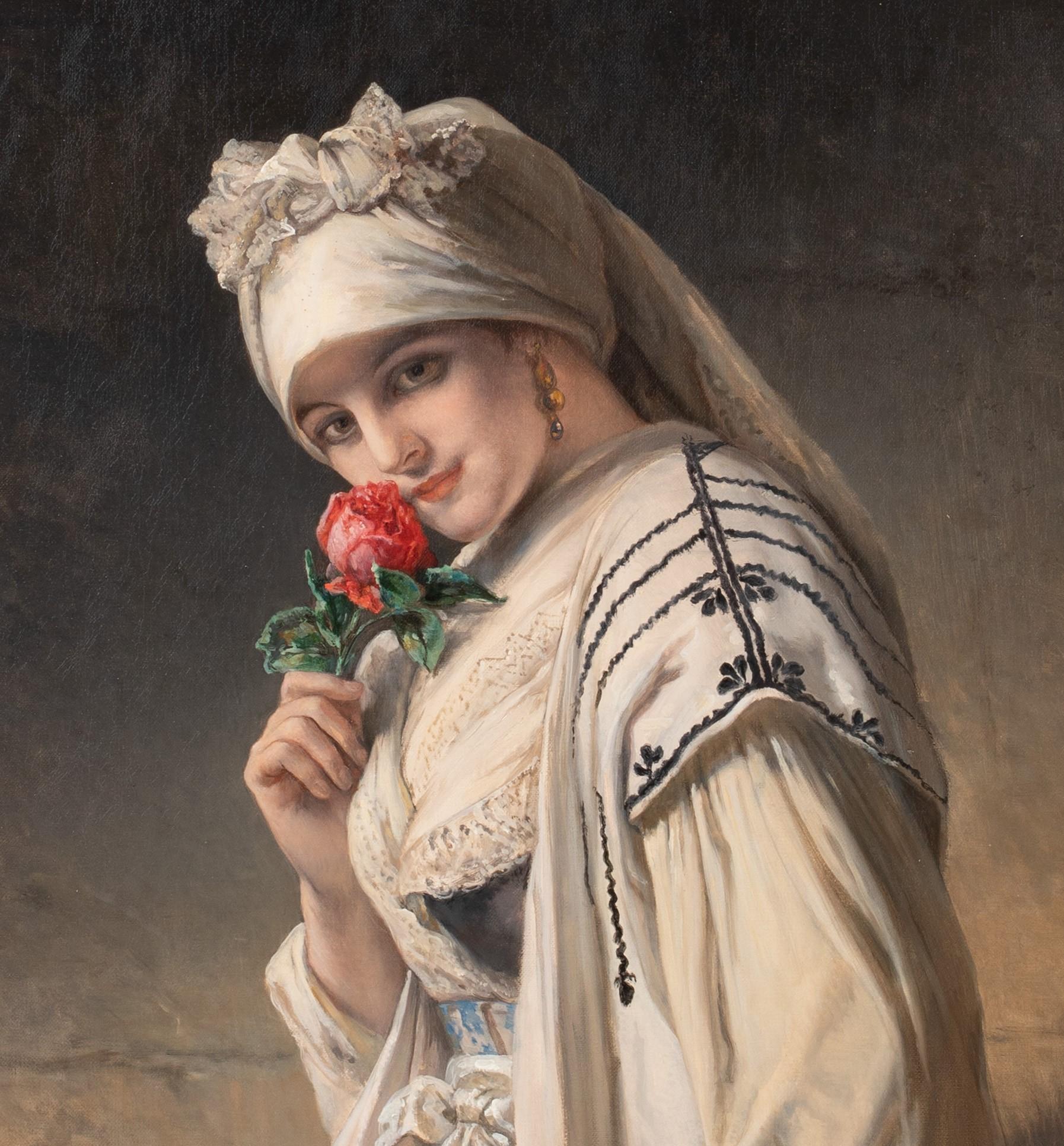 The Fragrance Of The Rose, 19th century by Jean Francois Portaels, (1818-1895) - Brown Portrait Painting by Jean-Fran�_ois Portaels