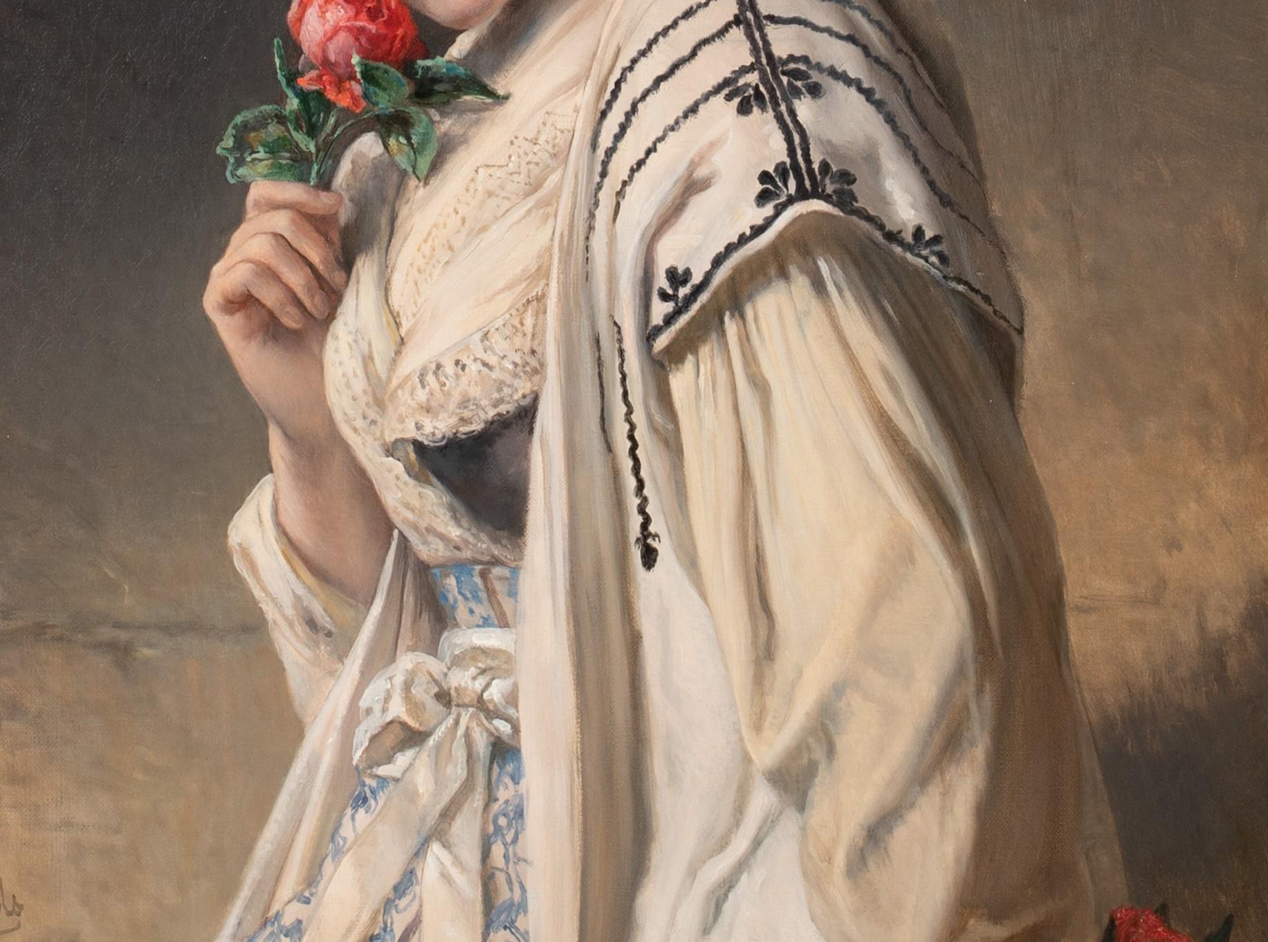 The Fragrance Of The Rose, 19th century

by Jean Francois Portaels, (1818-1895)

Large 19th Century French portrait of lady in Tangiers provincial attire holding a rose, oil on canvas by Jean Francois Portaels. Large scale example the leading