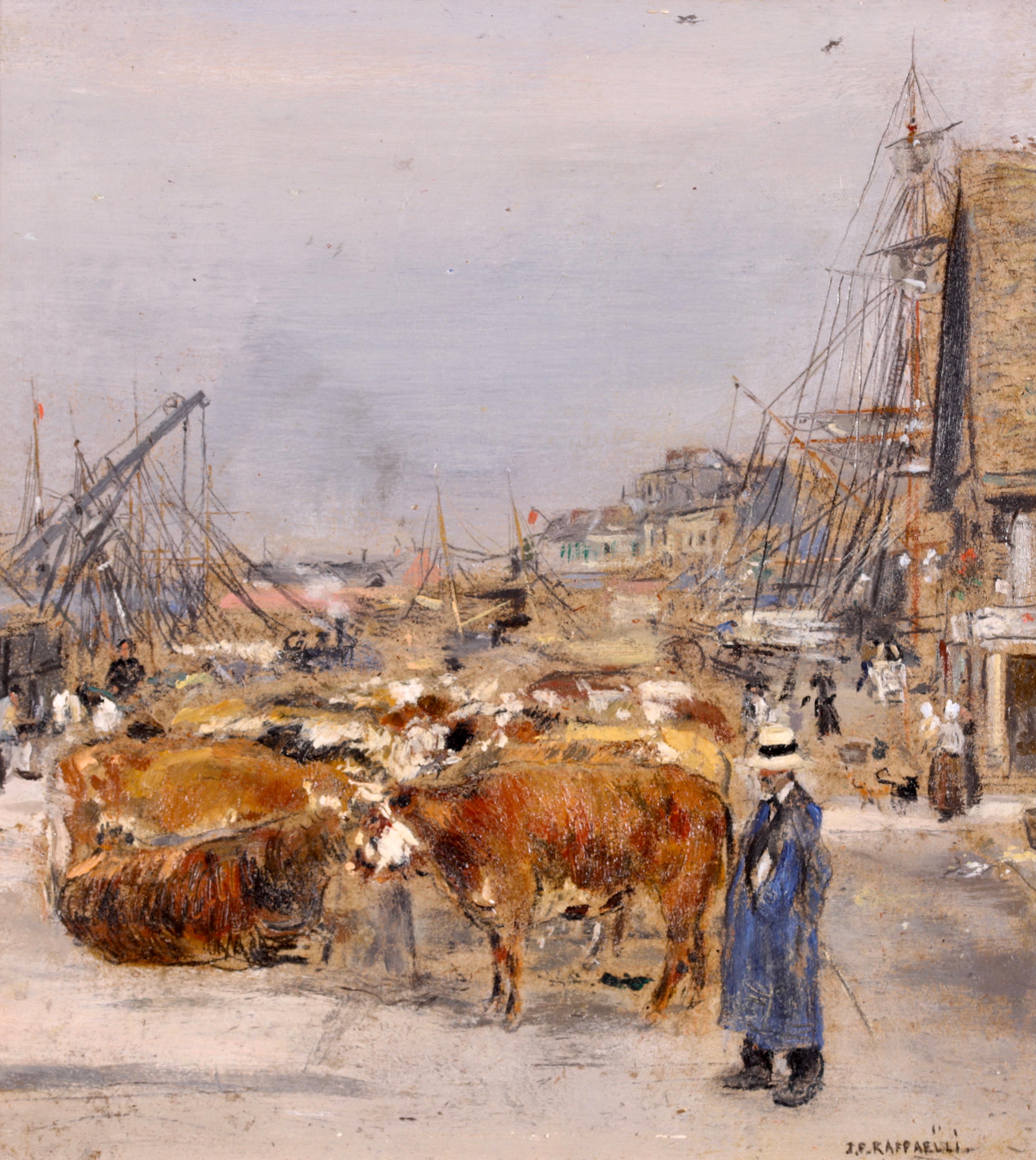 Jean-Francois Raffaelli Figurative Painting - L'embarquement de boeufs - Impressionist Animal Oil by Jean Francois Raffaelli