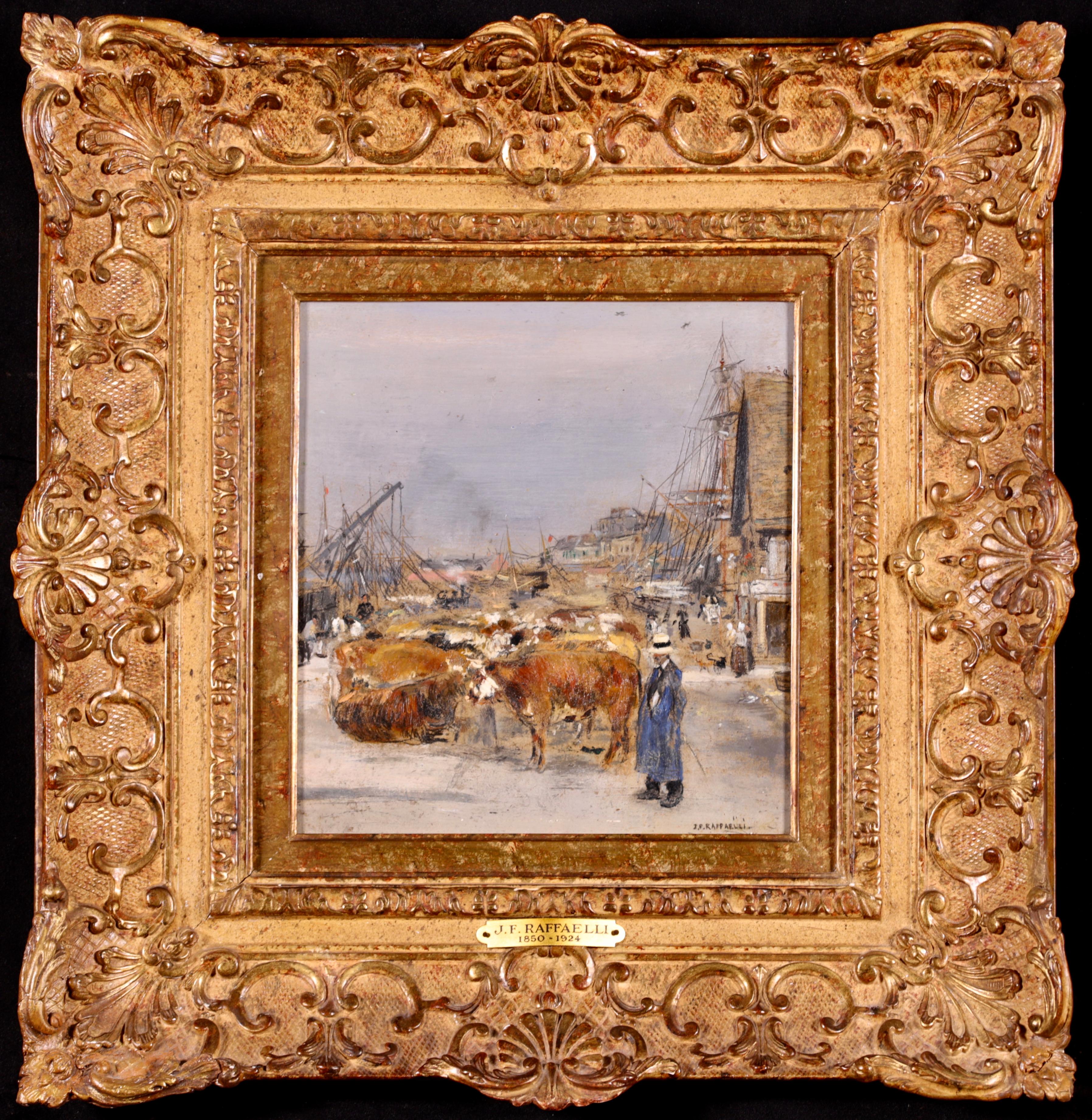 Huile sur panneau signée, représentant du bétail et des personnages dans un paysage, réalisée par le peintre impressionniste français Jean-François Raffaelli. Cette œuvre représente des bœufs embarqués à Honfleur, en France, à destination de