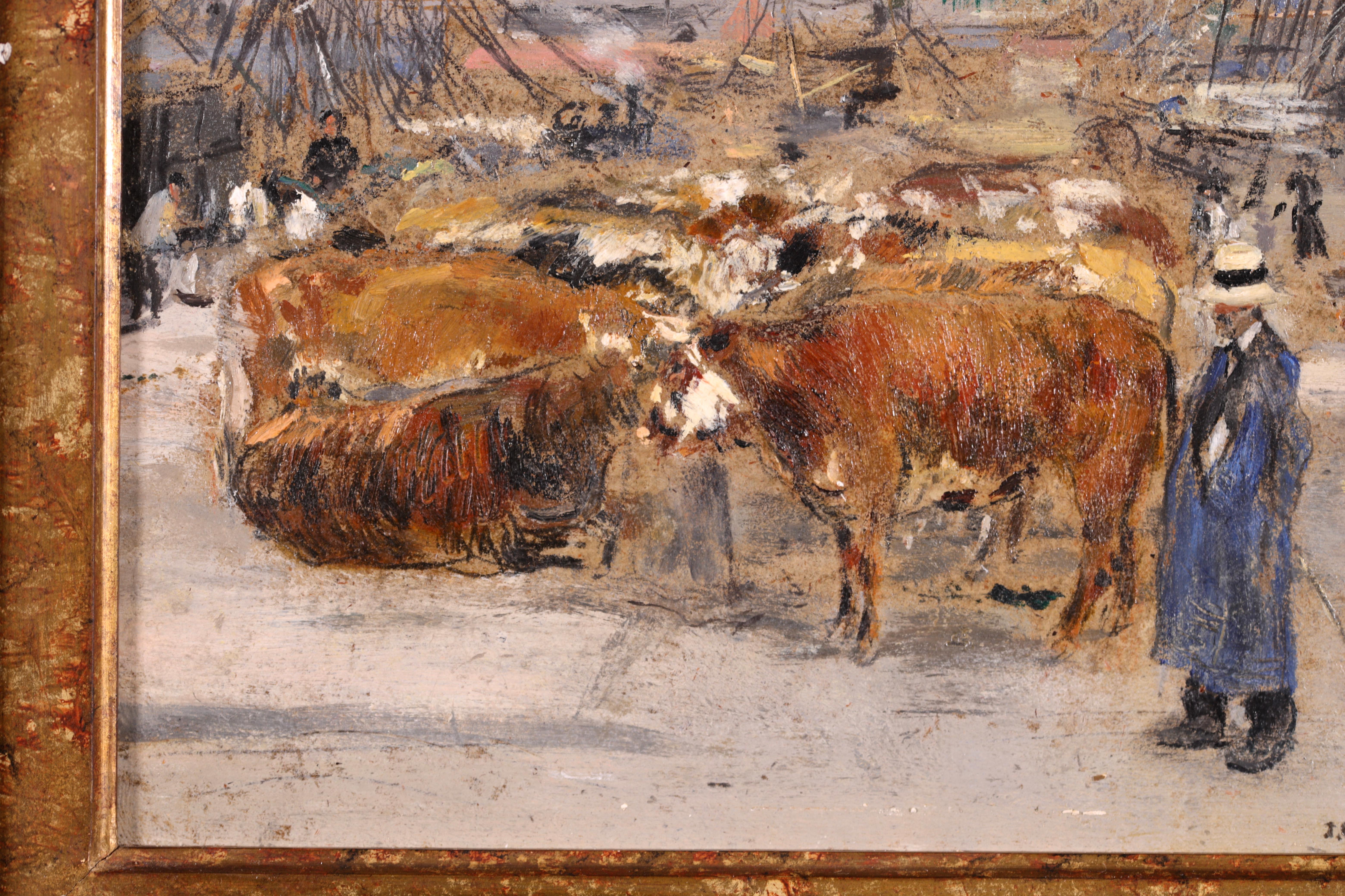  L'embarquement de boeufs - Impressionist Oil, Cattle by Jean Francois Raffaelli - Brown Animal Painting by Jean-Francois Raffaelli