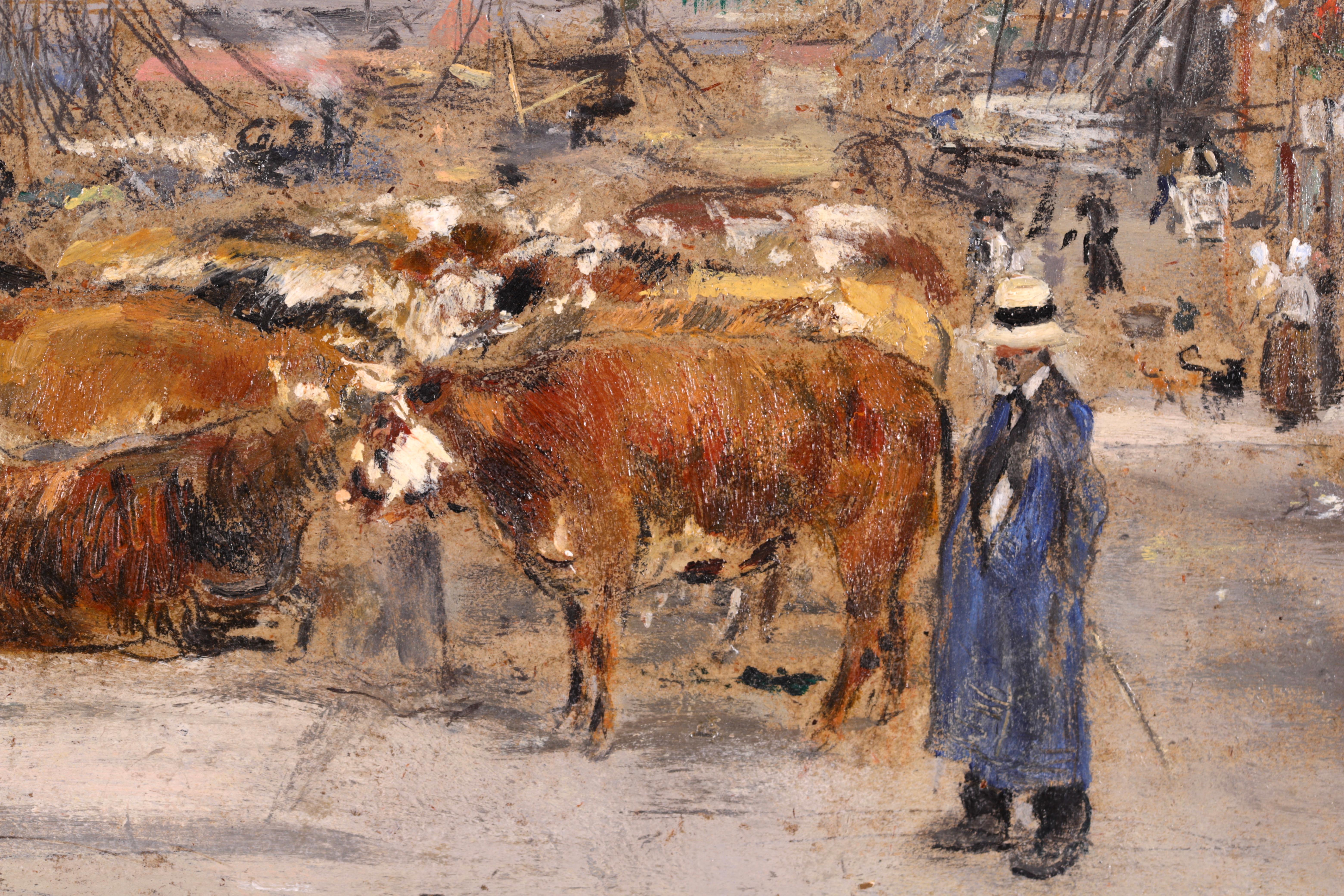 Wonderful signed oil on panel cattle and figures in landscape by French impressionist painter Jean-Francois Raffaelli. The work depicts oxen being loaded onto ships in Honfleur, France en route to England. 

Signature:
Signed lower