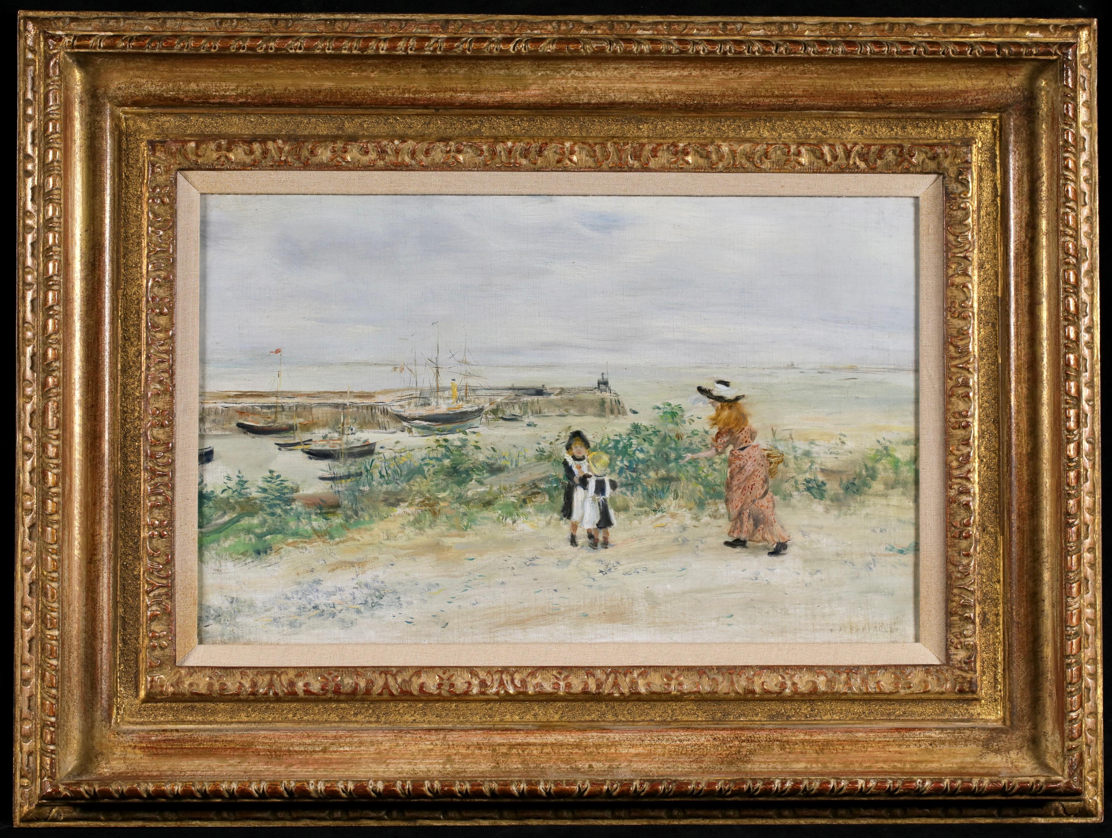 Figure su tela firmate in un paesaggio del pittore impressionista francese Jean-Francois Raffaelli. L'opera raffigura due bambine con la loro madre in un paesaggio che si affaccia sulle barche di un porto di Jersey.

Firma:
Firmato in basso a