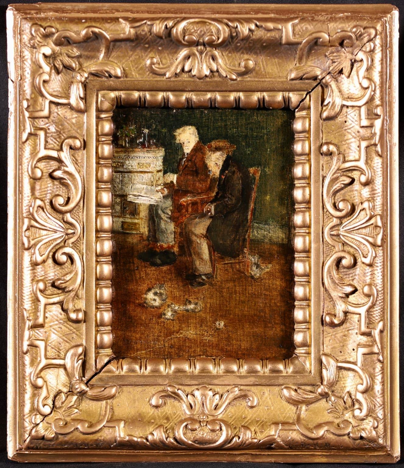 Old Men with Kittens – Alte Männer mit Kätzchen – impressionistisches Ölgemälde, Figuren im Innenraum von J F Raffaelli – Painting von Jean-Francois Raffaelli
