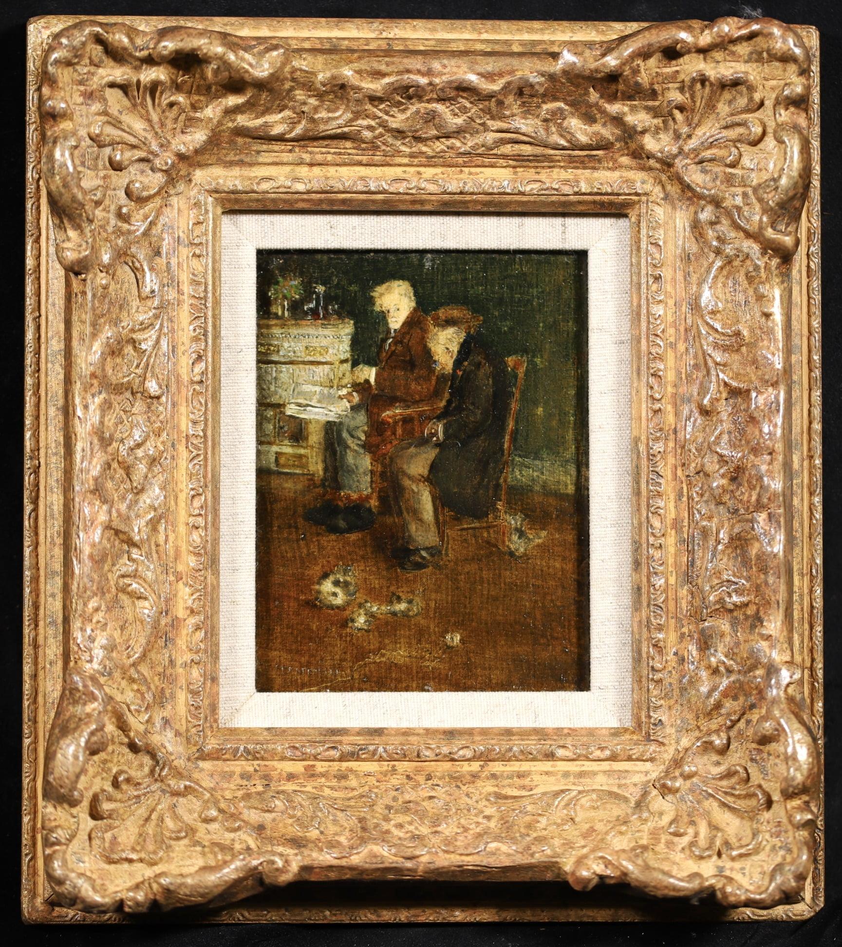 Deux vieillards aux chatons - Impressionist Figurative Oil by J F Raffaelli - Painting by Jean-Francois Raffaelli