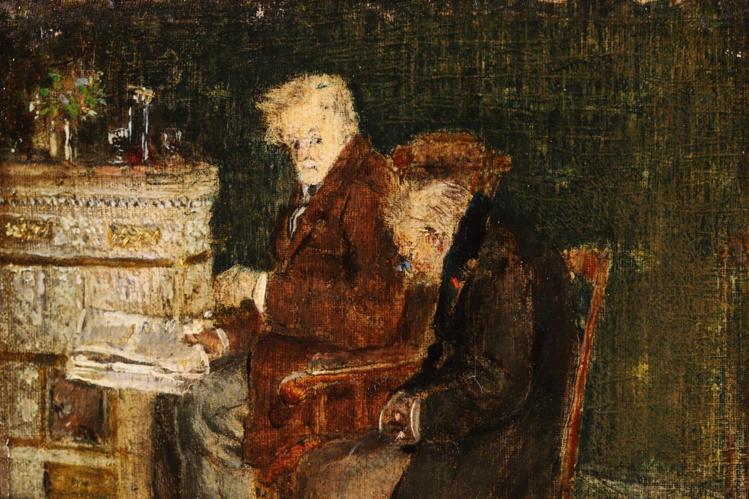 Old Men with Kittens – Alte Männer mit Kätzchen – impressionistisches Ölgemälde, Figuren im Innenraum von J F Raffaelli (Impressionismus), Painting, von Jean-Francois Raffaelli