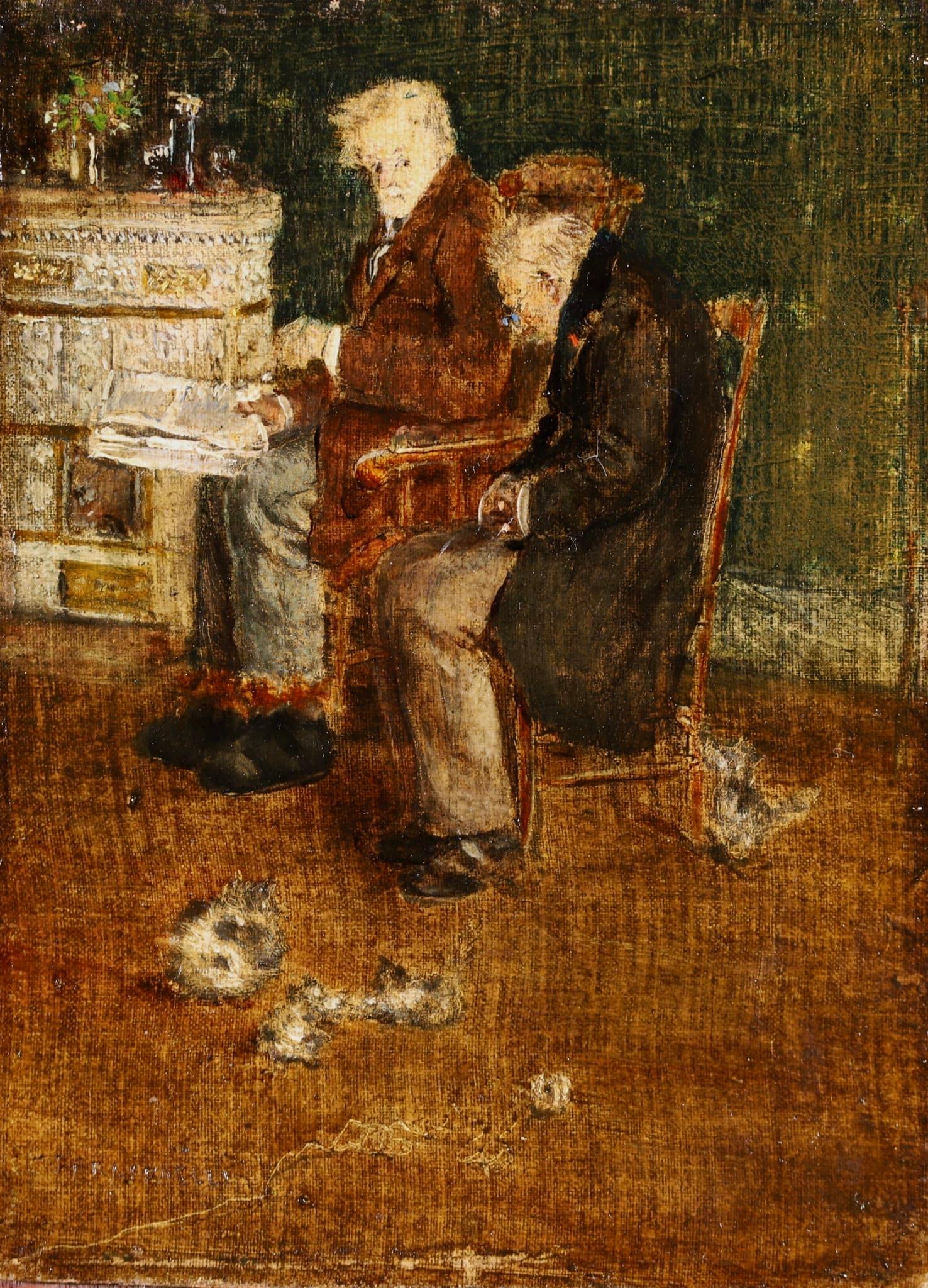 Jean-Francois Raffaelli Interior Painting - Deux vieillards aux chatons - Impressionist Figurative Oil by J F Raffaelli