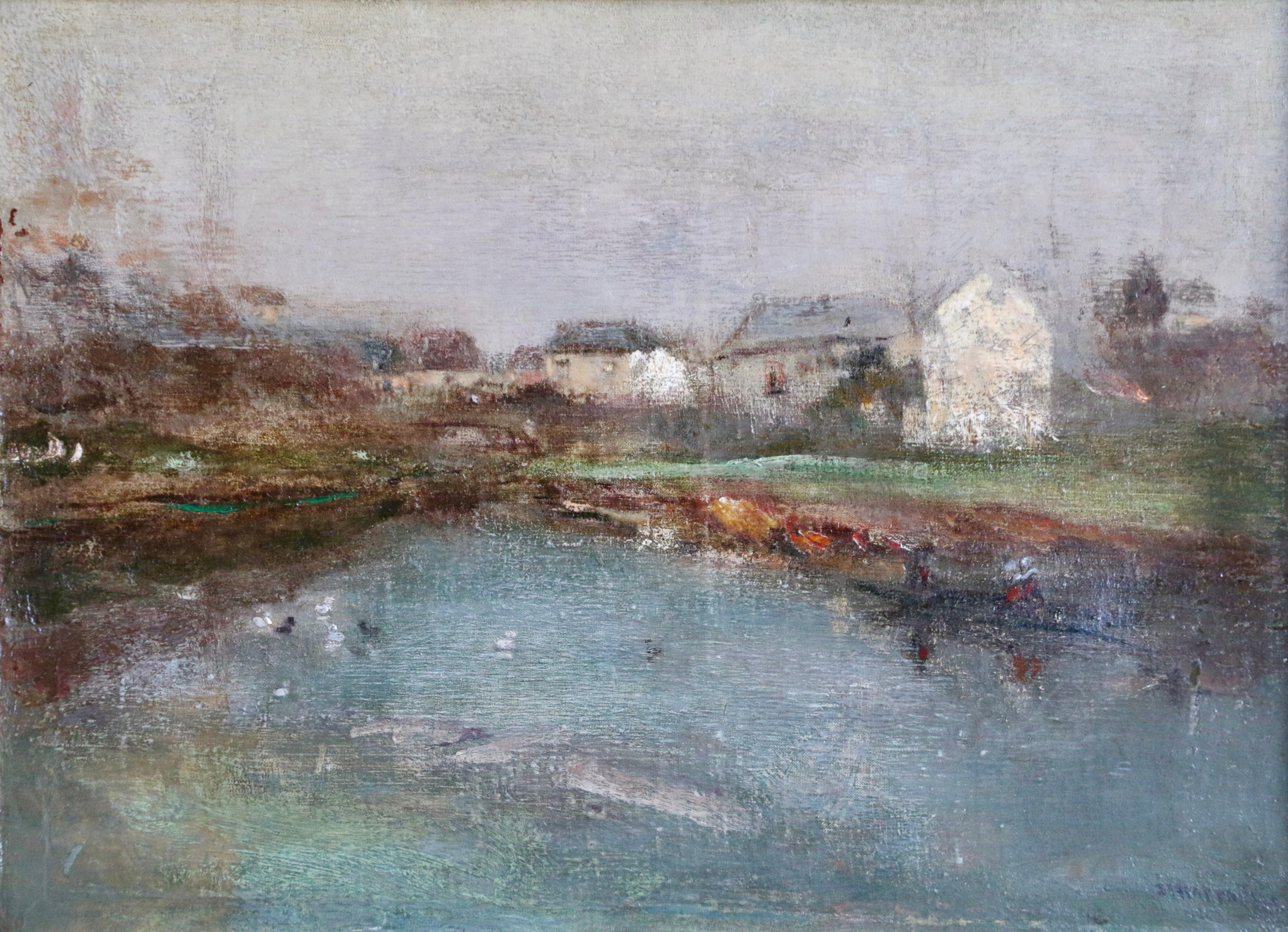 On the River - 19th Century Oil, Cottages by Boats on a River by Raffaelli - Painting by Jean-Francois Raffaelli