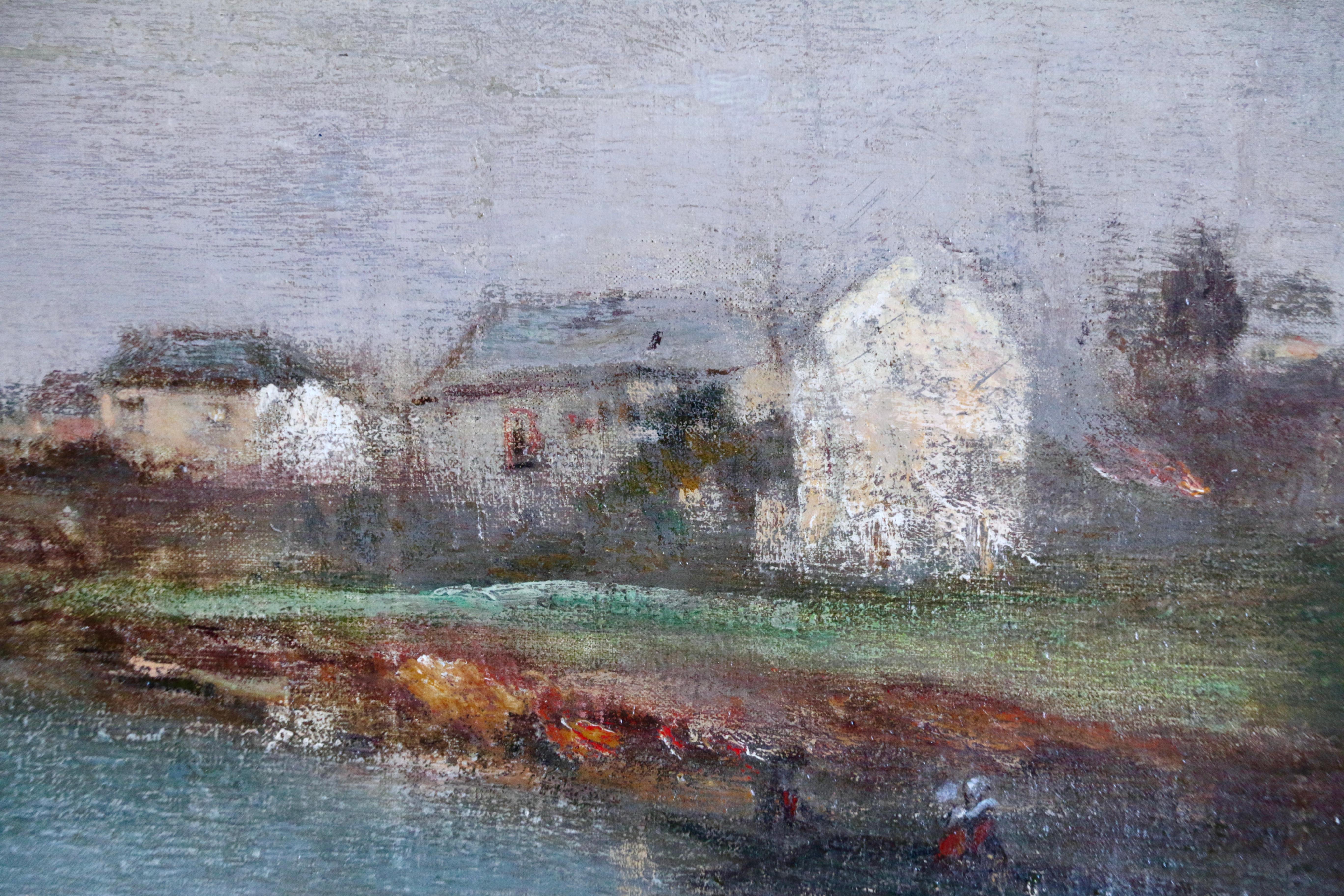 On the River - 19th Century Oil, Cottages by Boats on a River by Raffaelli - Impressionist Painting by Jean-Francois Raffaelli