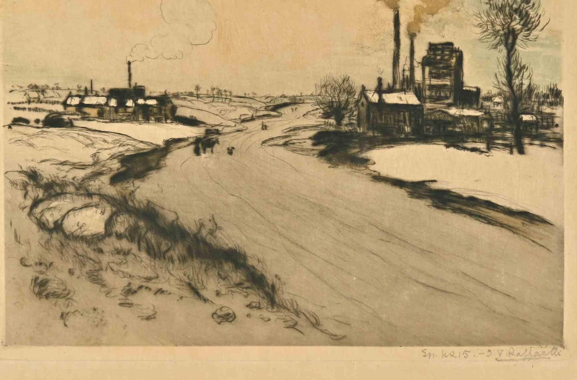 Factories in the Snow - Drypoint and aquatint by J.F. Raffaelli - 1910s - Print by Jean-Francois Raffaelli