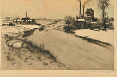 Factories in the Snow - Drypoint and aquatint by J.F. Raffaelli - 1910s