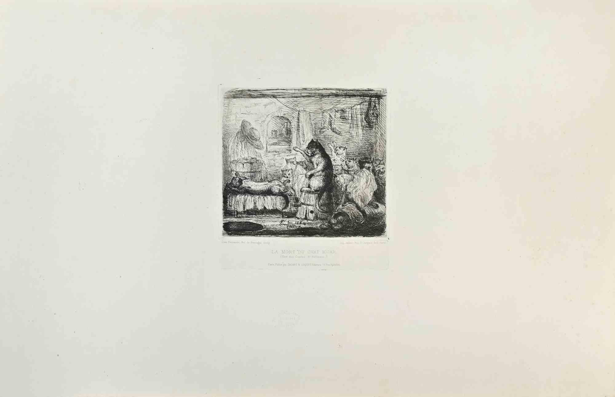 Jean-Francois Raffaelli Figurative Print – La Mort du Chat Murr - Radierung von Jean François Raffaëlli - 1875