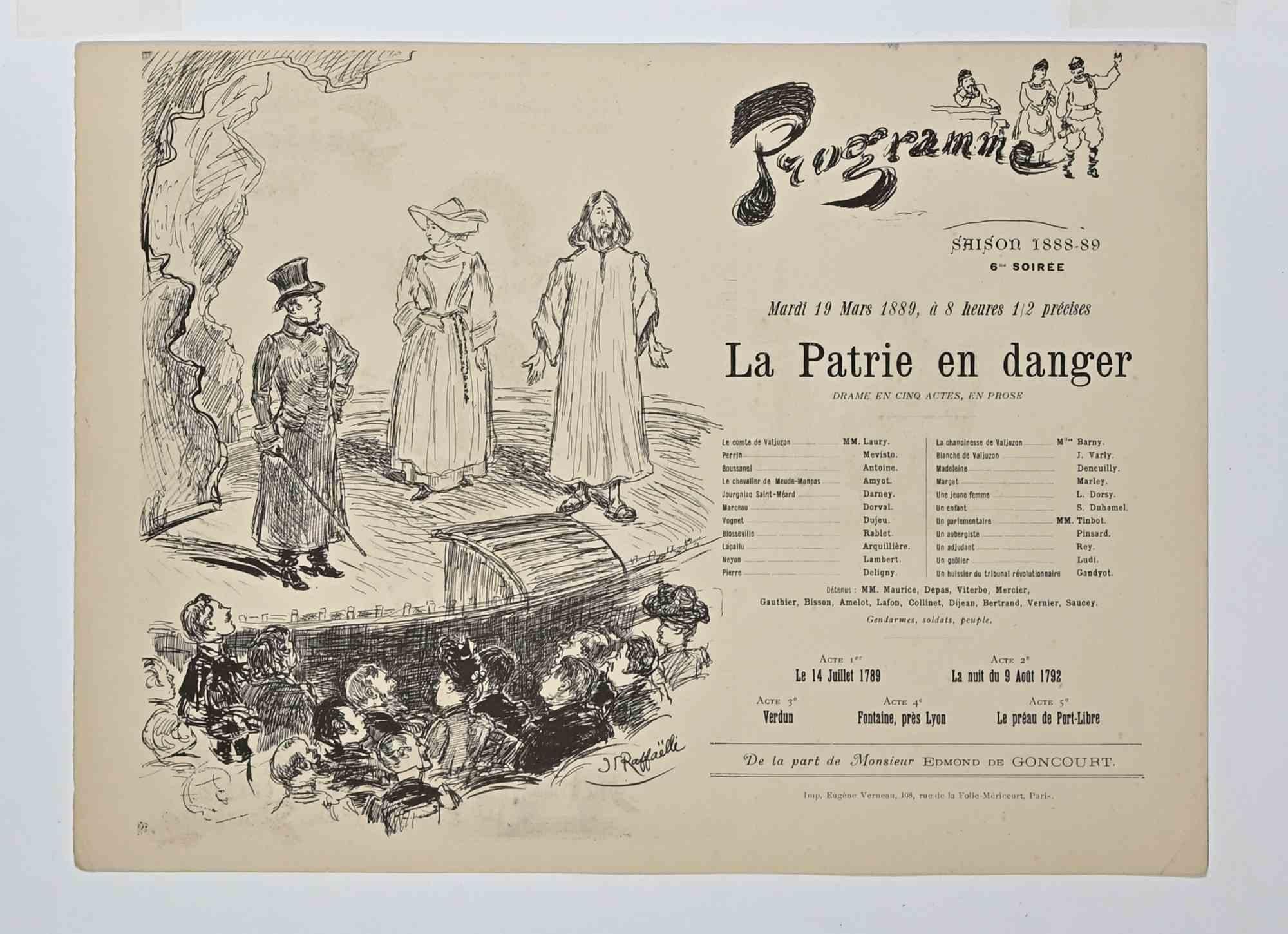 Programme for the Theatre - Lithograph by J. F. Raffaelli - 1889 - Print by Jean-Francois Raffaelli