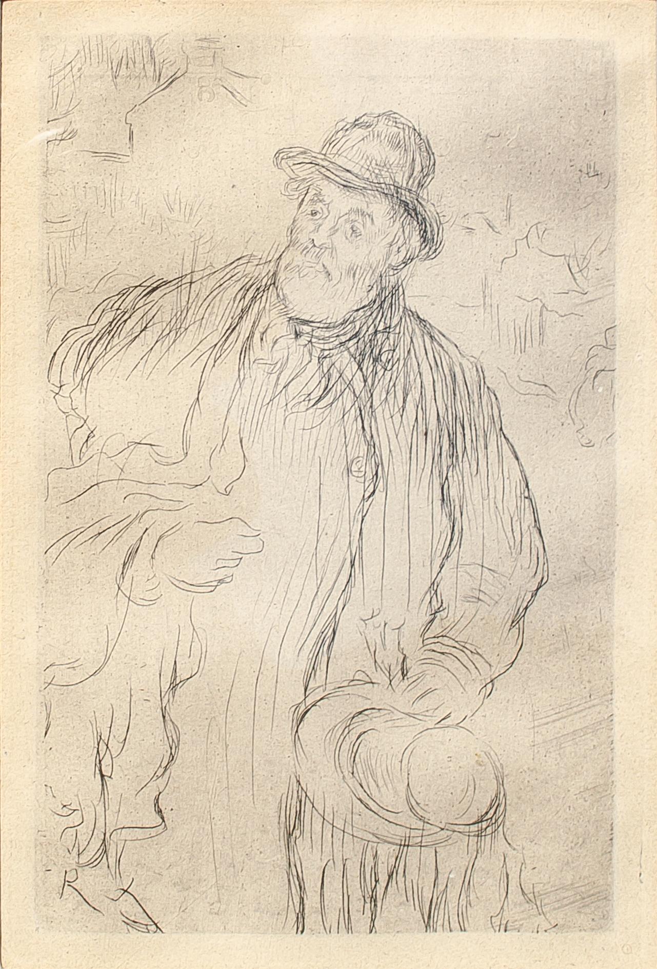 Gravure originale de Jean-François Raffaelli représentant un vendeur de chapeaux