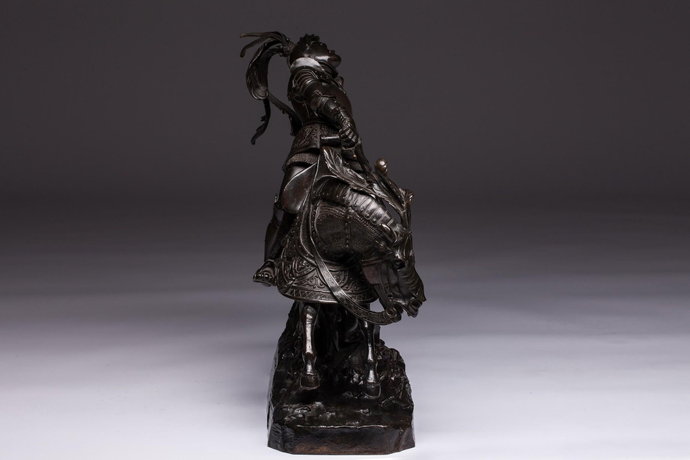 This bronze is high quality patinated work by the French sculptor Jean-François-Théodore Gechter. The sculpture features Le Temeraire on horseback with sword drawn over a warrior in water holding on to a stone.
 Jean-François-Théodore Gechter