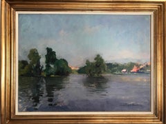 Vintage Les îles d'Herblay. Oil French Postimpressionist panoramic. An isle on the Seine