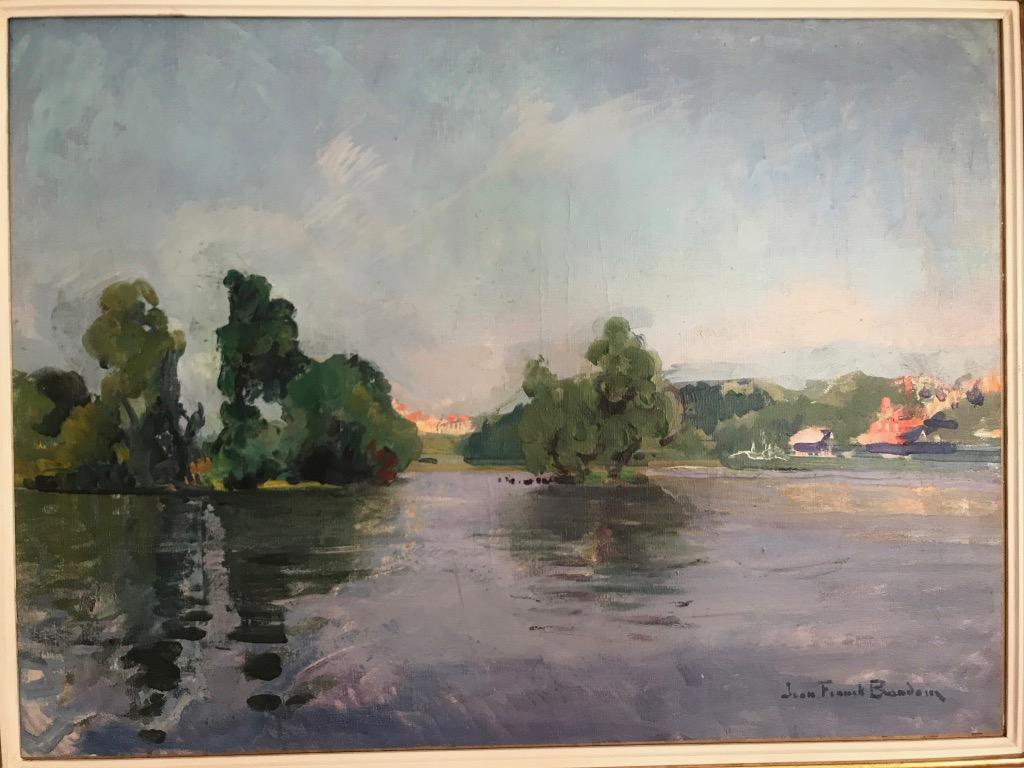 Les îles d'Herblay. Oil French Postimpressionist panoramic. An isle on the Seine - Painting by Jean-Frank Baudoin