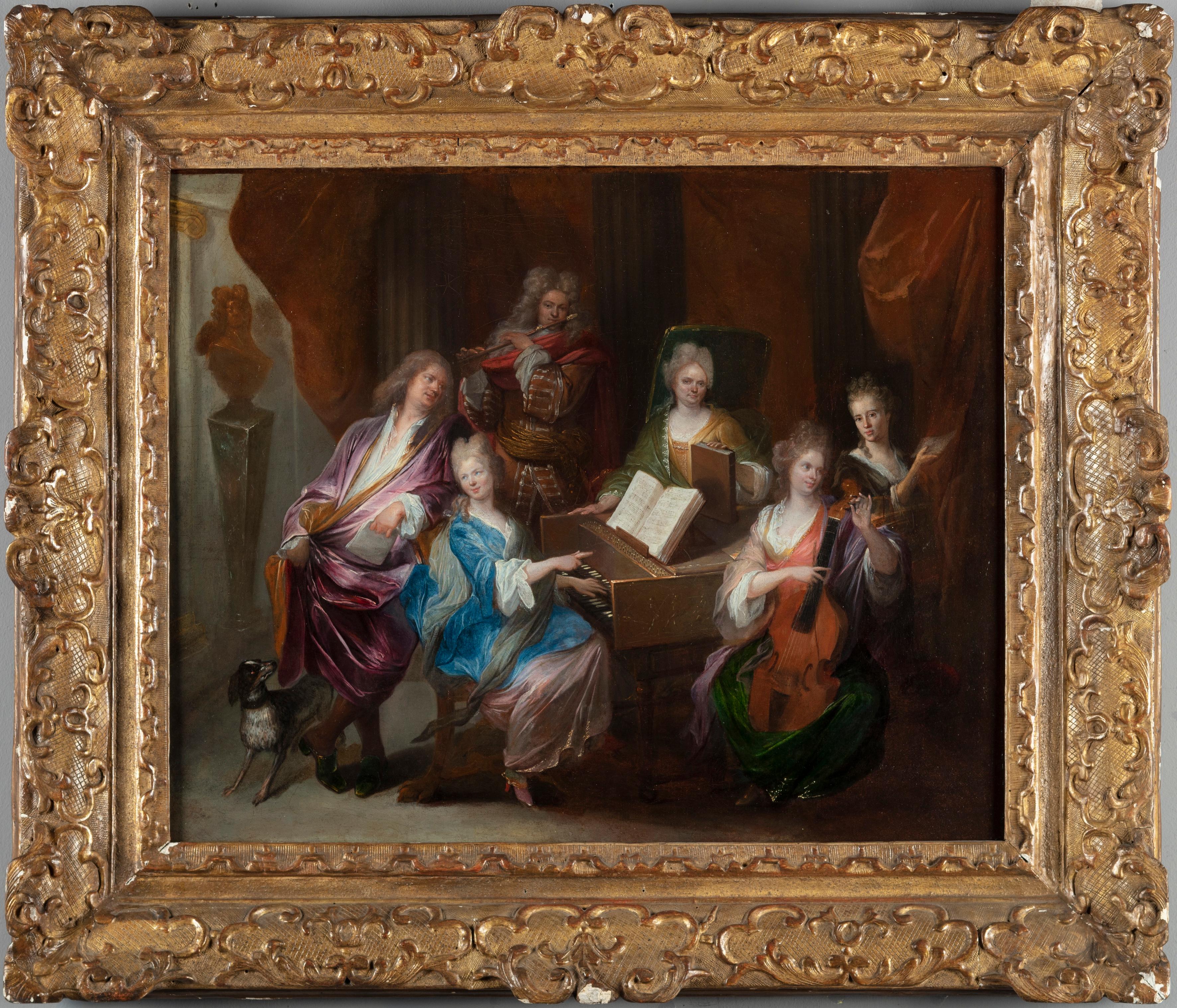 Ensemble musical élégant dans un intérieur aristocratique - Painting de Jean-François de Troy
