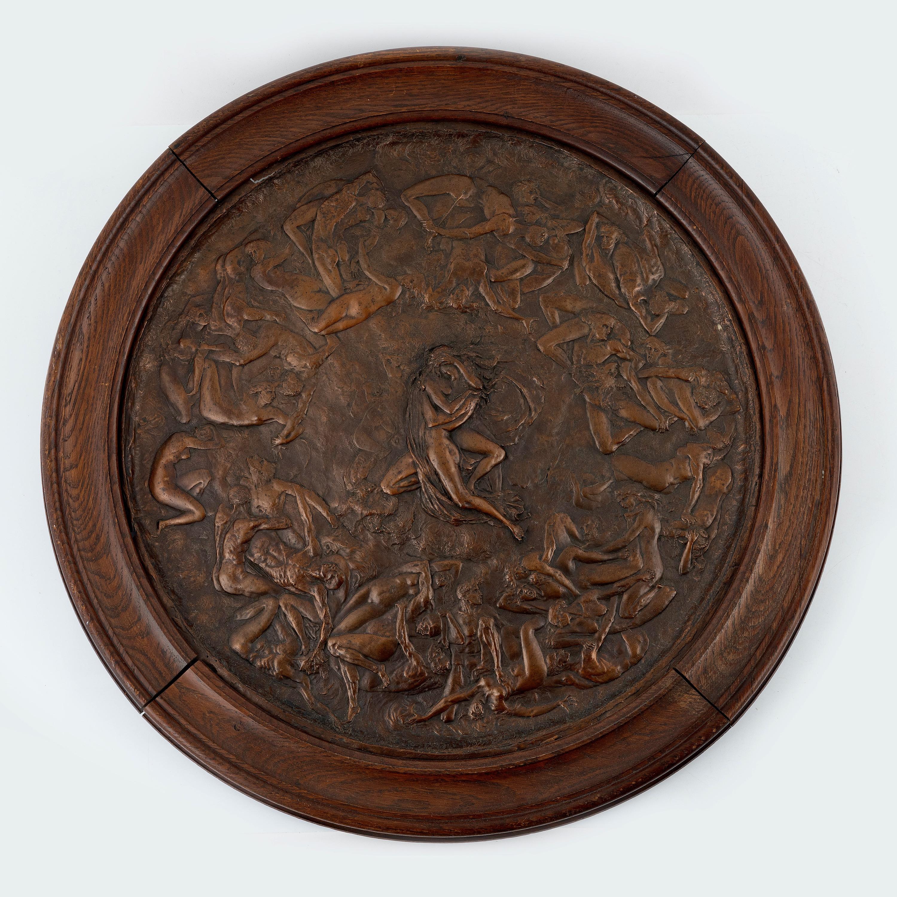  A rare round relief cast, elaborate chiseled bronze/copper with brown patina by Jean François Marie Garnier (1820-1895). Cast c.1859-1864. Not signed. The motif is taken from Dantes, The Divine Comedy´s, first part, Inferno and the second circle,