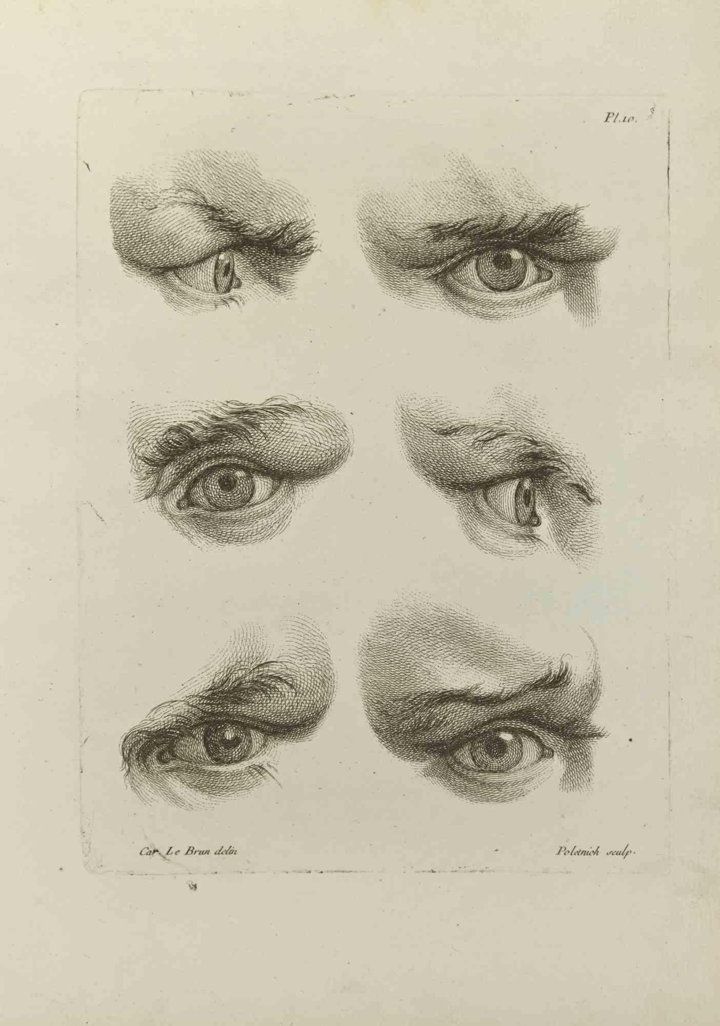 Eyes ist eine Radierung von Jean Francois Poletnich aus dem Jahr 1755.

In der Platte signiert.

Guter Zustand mit Stockflecken und Falten.

Das Kunstwerk wird mit sicheren Strichen dargestellt.

Die Radierung wurde für die Anatomie-Studie "JOMBERT,