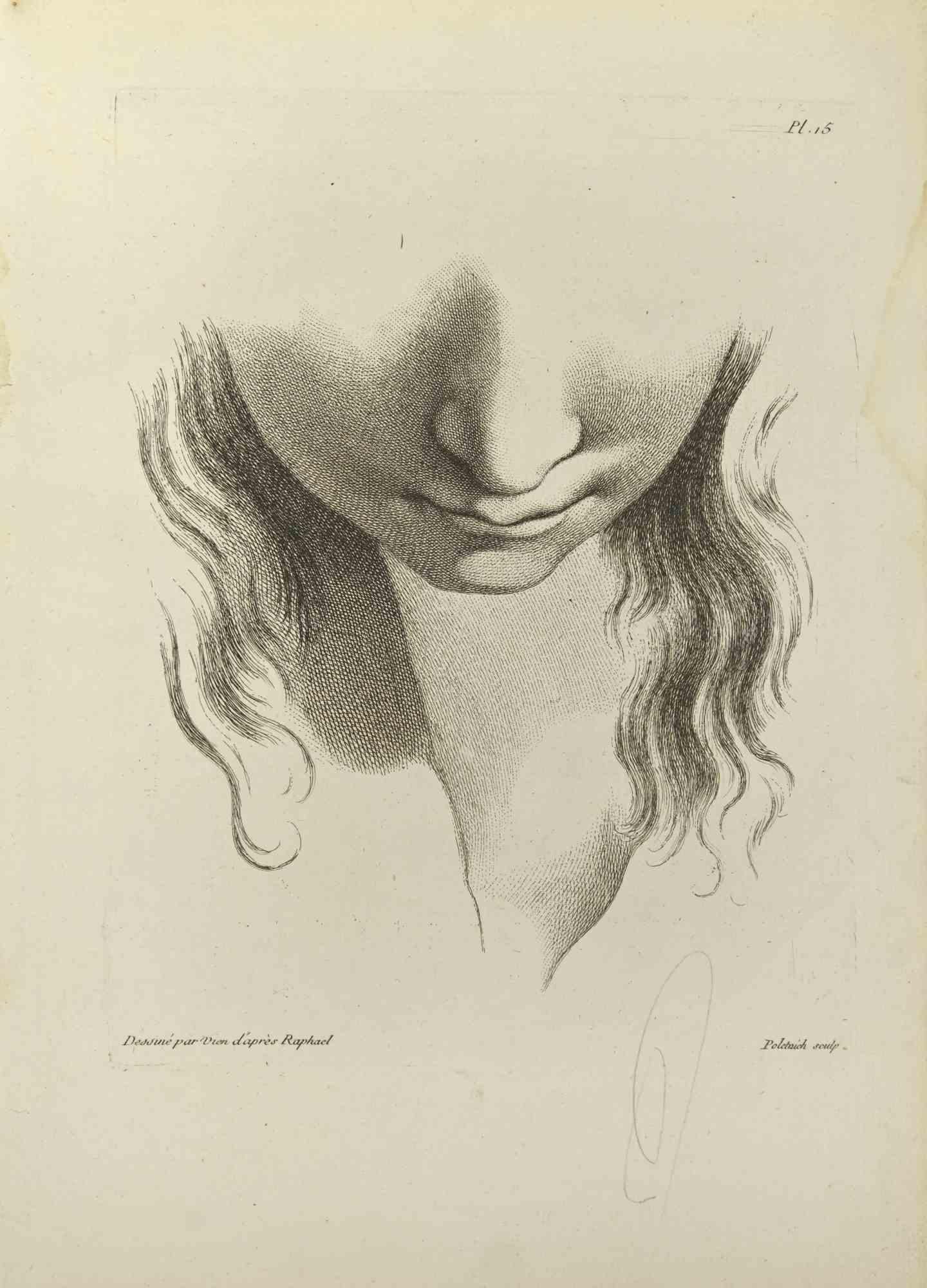 Portrait after Raphael is an etching realized by Jean Francois Poletnich in 1755.

Signed in the plate.

Good conditions with foxing and folding.

The artwork is depicted through confident strokes.

The etching was realized for the anatomy study
