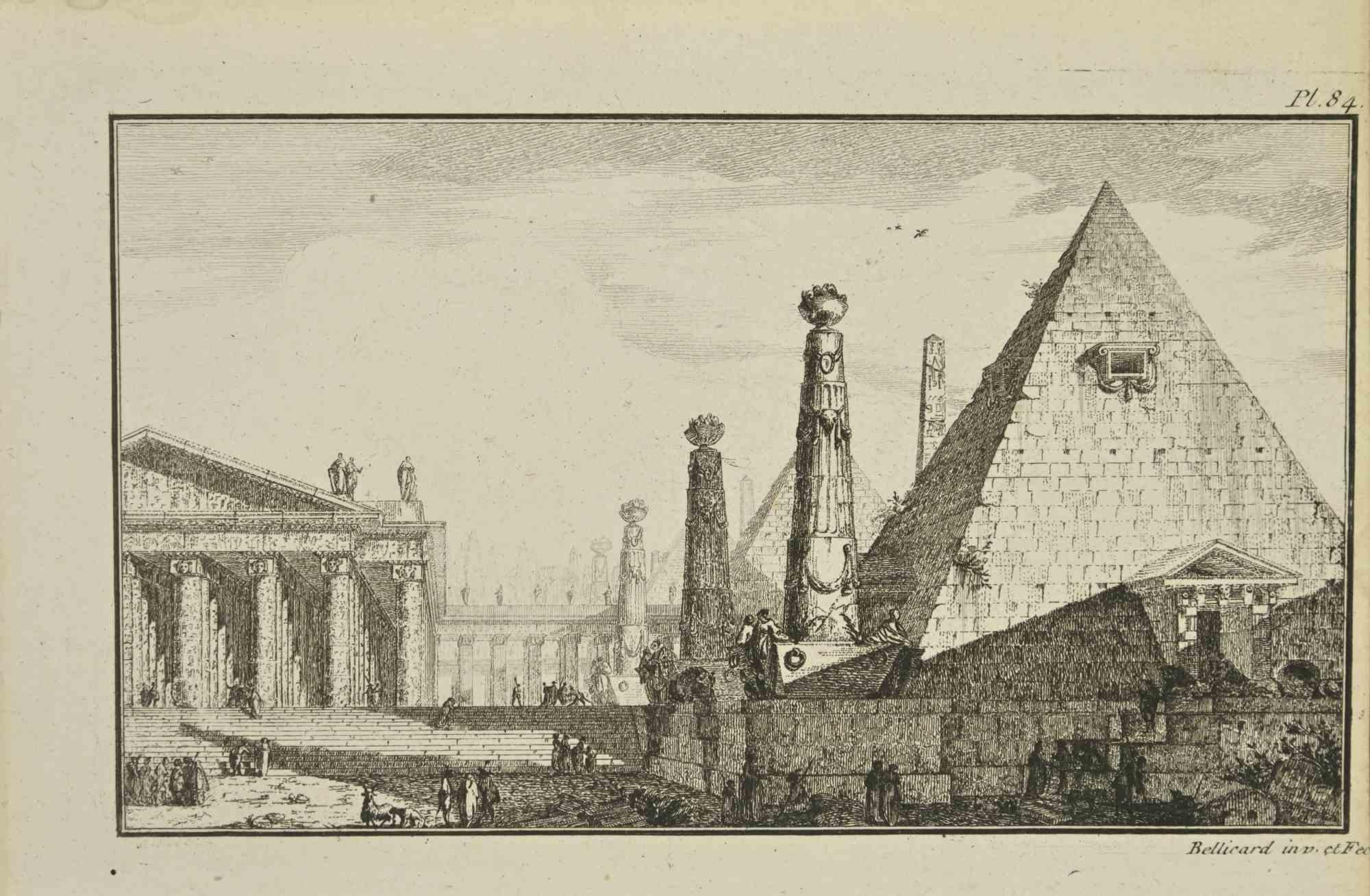 Pyramid is an etching realized by Jérôme Charles Bellicard in the 18th Century.

Signed on the plate.

Good conditions.

The artwork is depicted through confident strokes.