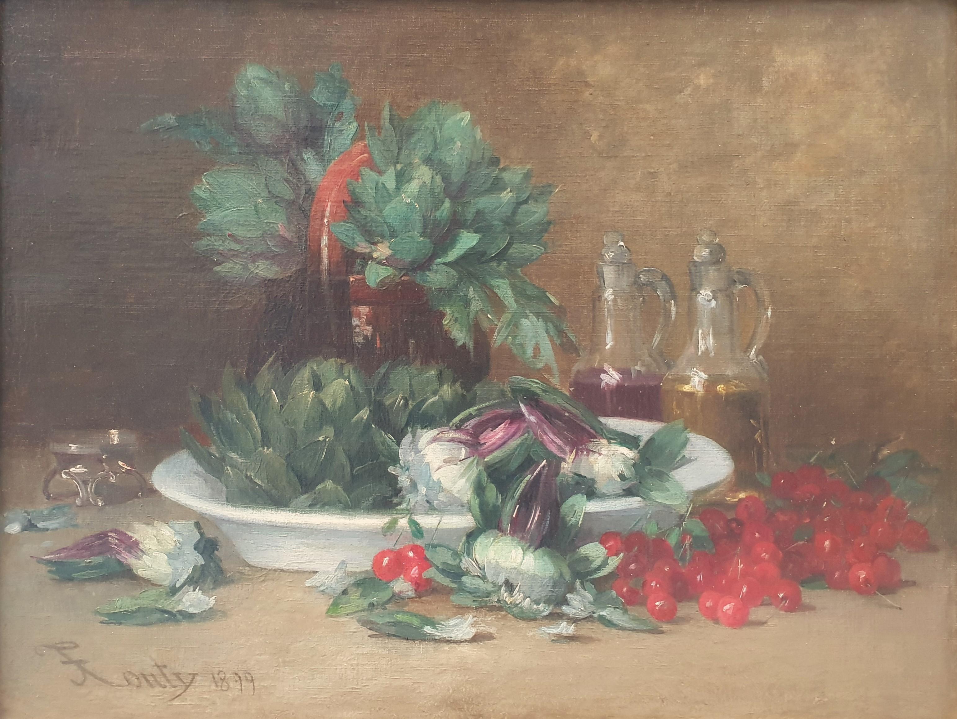 Pittura francese Natura morta 19° CUOCO Carciofi Ciliegie Piatto da vino