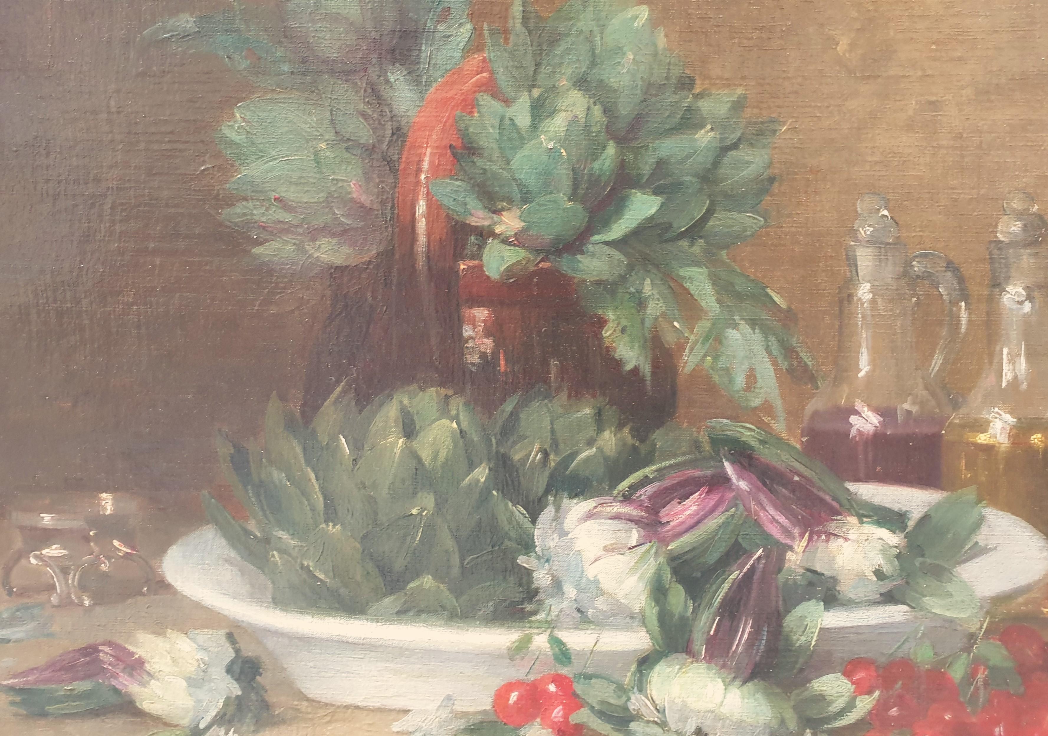 Französische Malerei Stilleben 19. Jh. Artischocken Kirschen Weinteller (Französische Schule), Painting, von Jean Frédéric COUTY