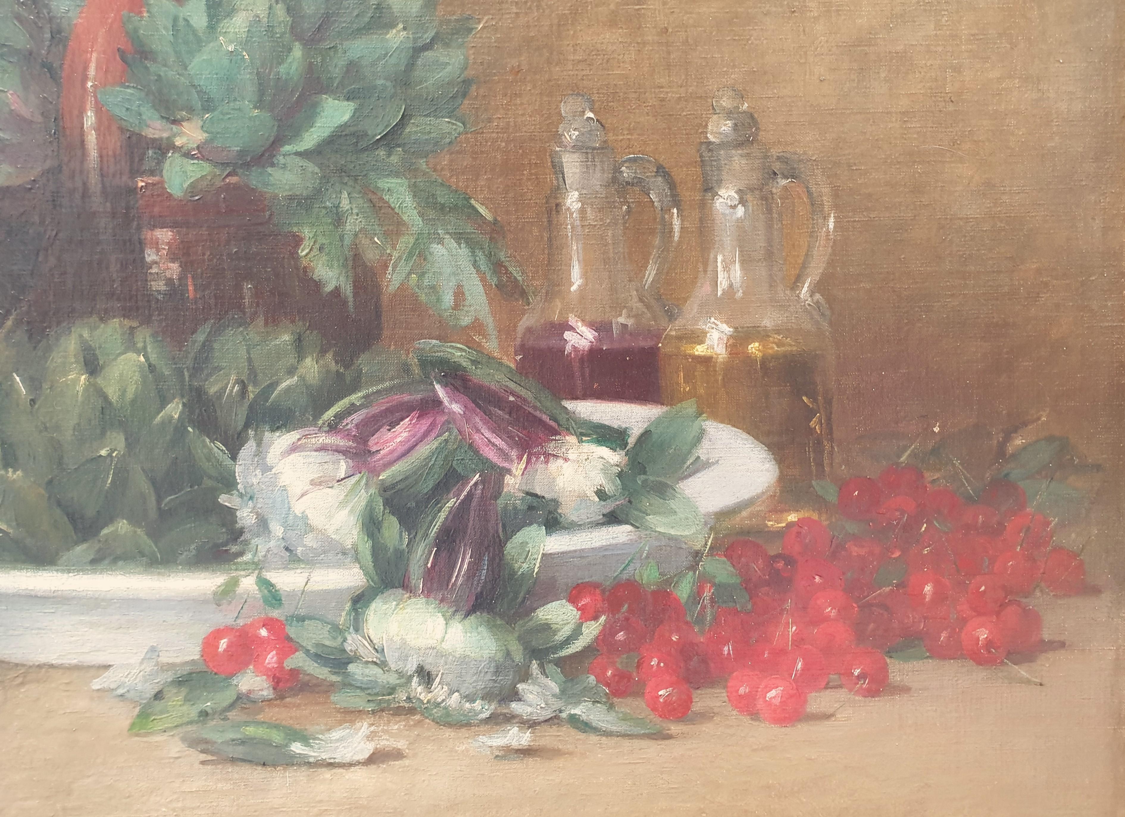 Französische Malerei Stilleben 19. Jh. Artischocken Kirschen Weinteller (Braun), Still-Life Painting, von Jean Frédéric COUTY