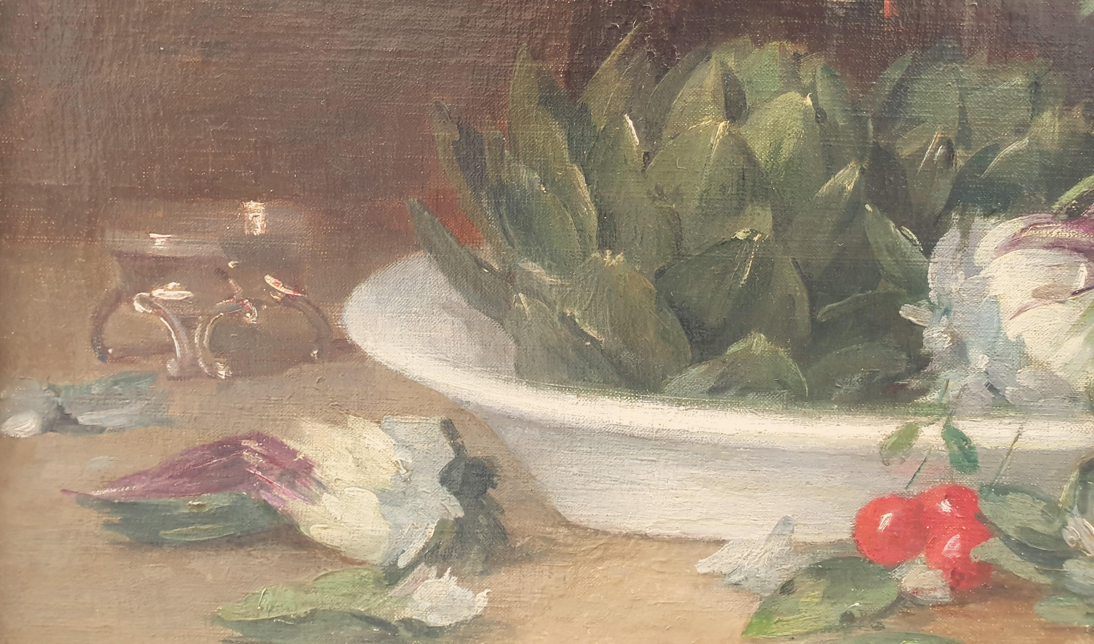 Französische Malerei Stilleben 19. Jh. Artischocken Kirschen Weinteller im Angebot 1