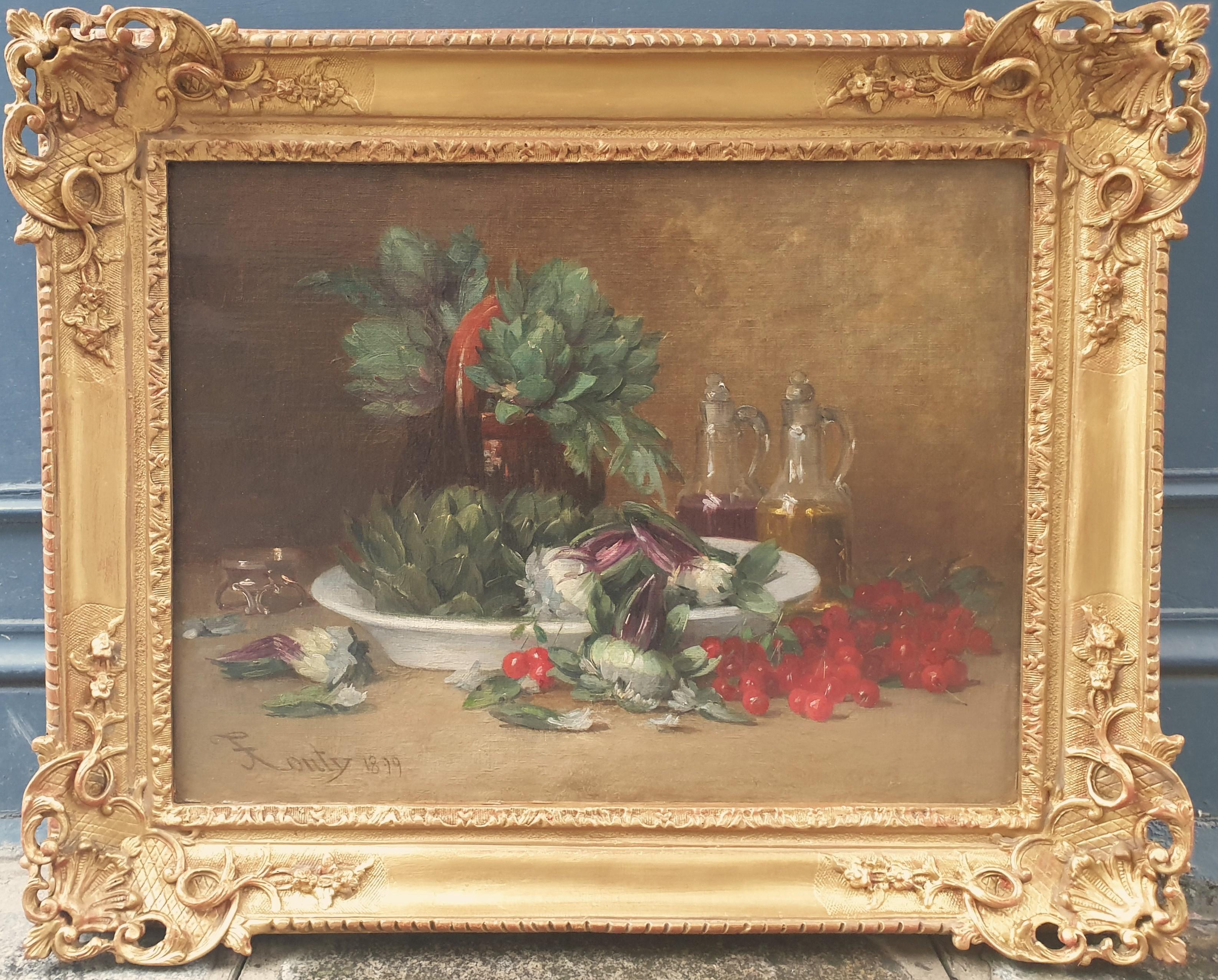Französische Malerei Stilleben 19. Jh. Artischocken Kirschen Weinteller – Painting von Jean Frédéric COUTY