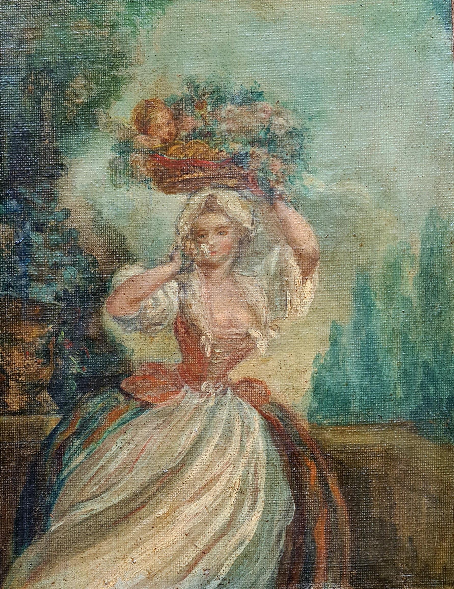 Alegoría del amor, Cupido con una bella vestida llevando una cesta de flores - Painting de Jean-Frédéric Schall