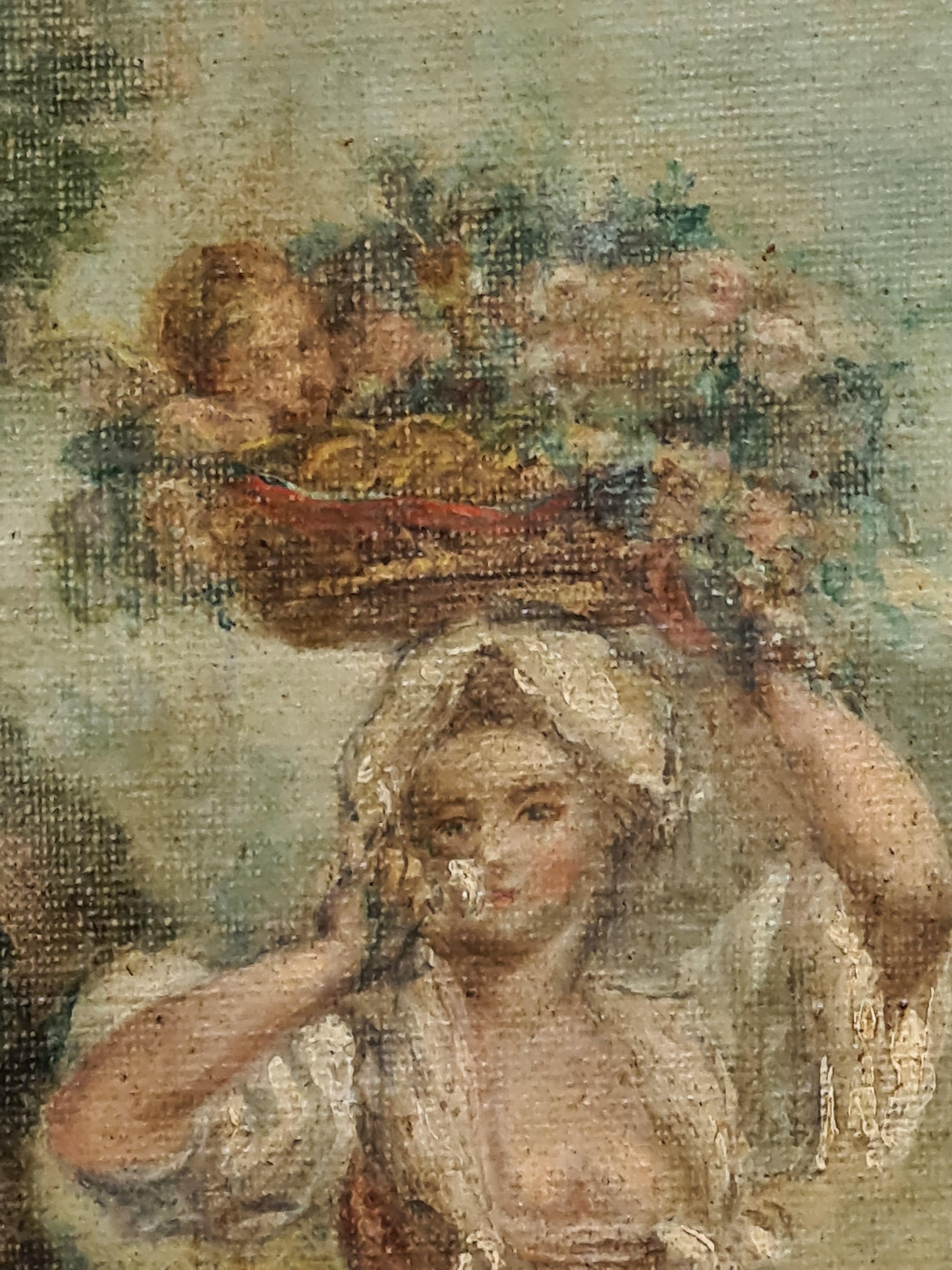 Alegoría del amor, Cupido con una bella vestida llevando una cesta de flores - Painting Romántico de Jean-Frédéric Schall