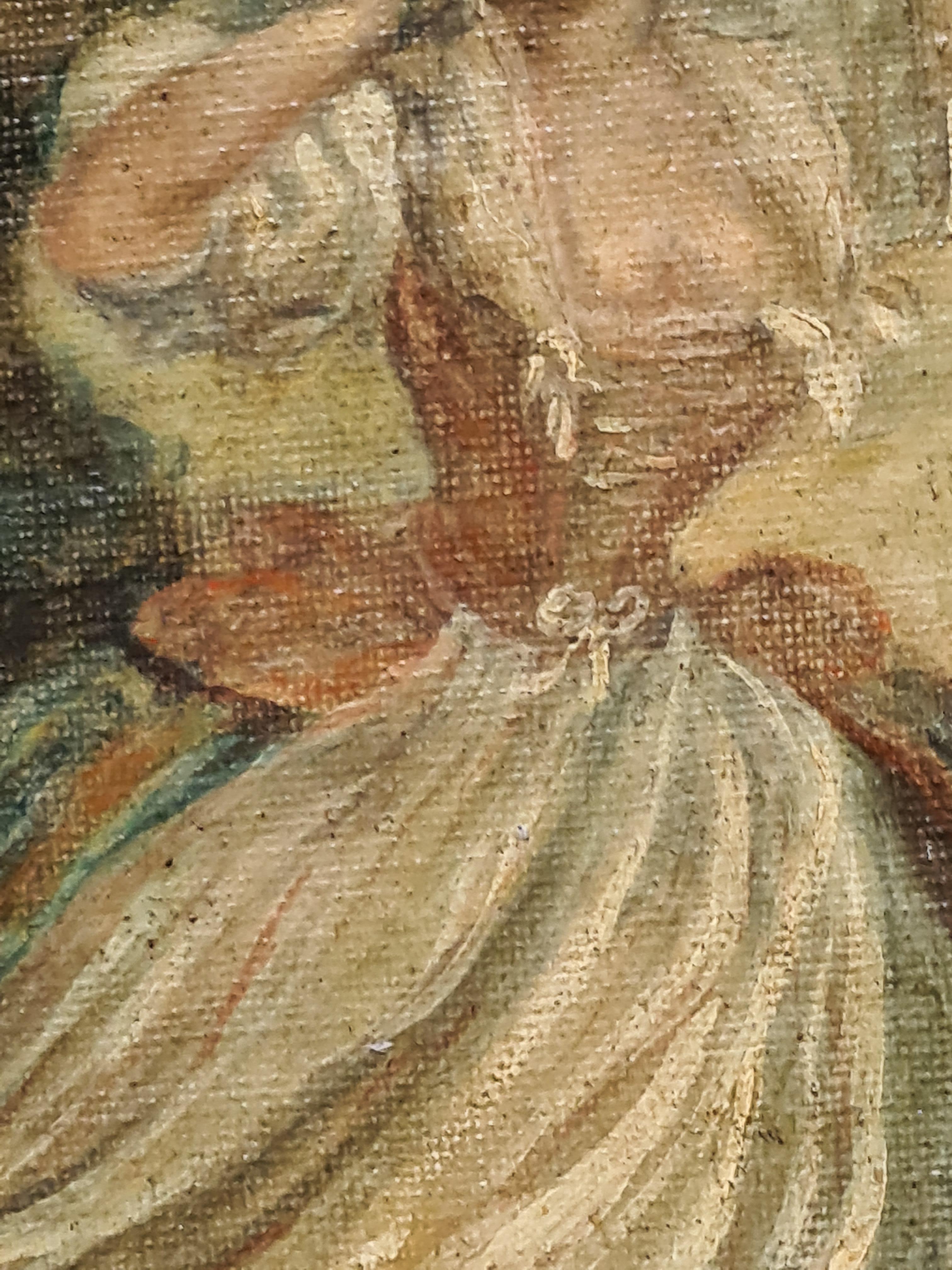 Óleo sobre lienzo colocado sobre tabla de finales del siglo XVIII de una joven belleza vestida de época que lleva una cesta de flores en la cabeza. Se presenta en un marco 
